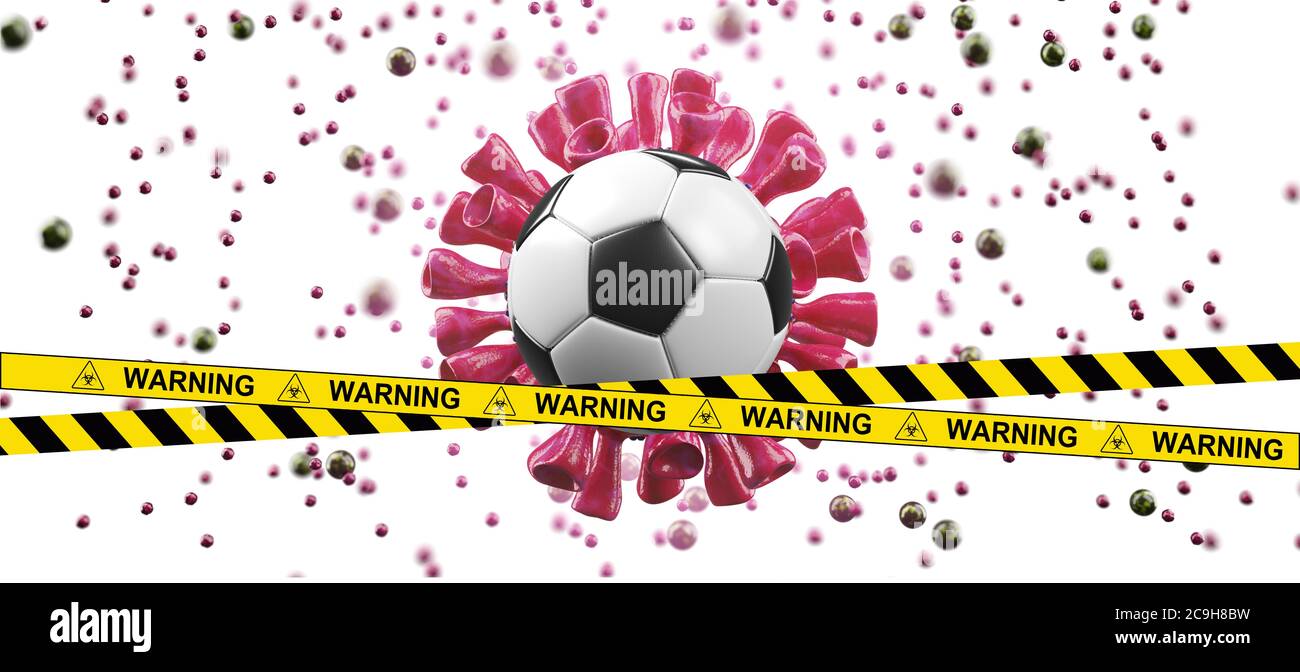 Concetto di cancellazione dell'evento Euro Soccer. Palla con maschera di coronavirus Foto Stock