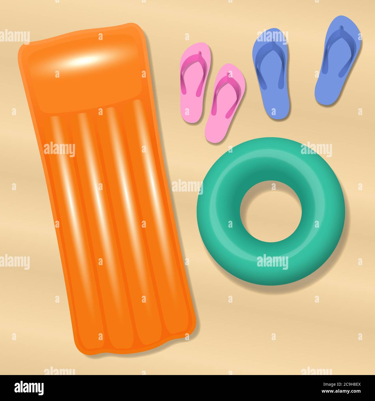 Spiaggia di sabbia con sandali di coppia d'amore, materasso ad aria e costume da bagno. Due paia di infradito su una vacanza in spiaggia, luna di miele o ricreazione romantica. Foto Stock