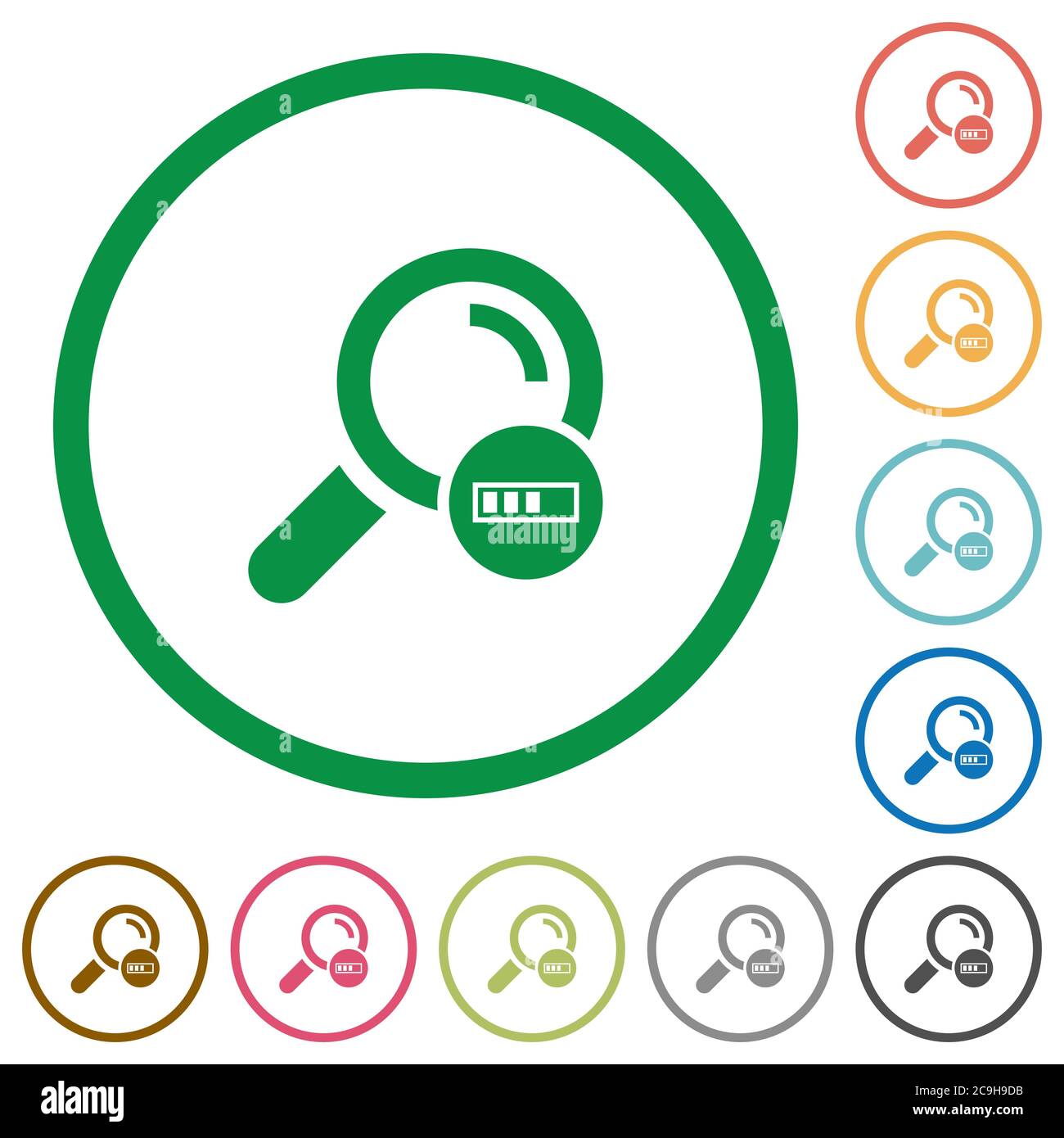 Ricerca in corso icone a colori piatte in contorni rotondi su sfondo bianco Illustrazione Vettoriale