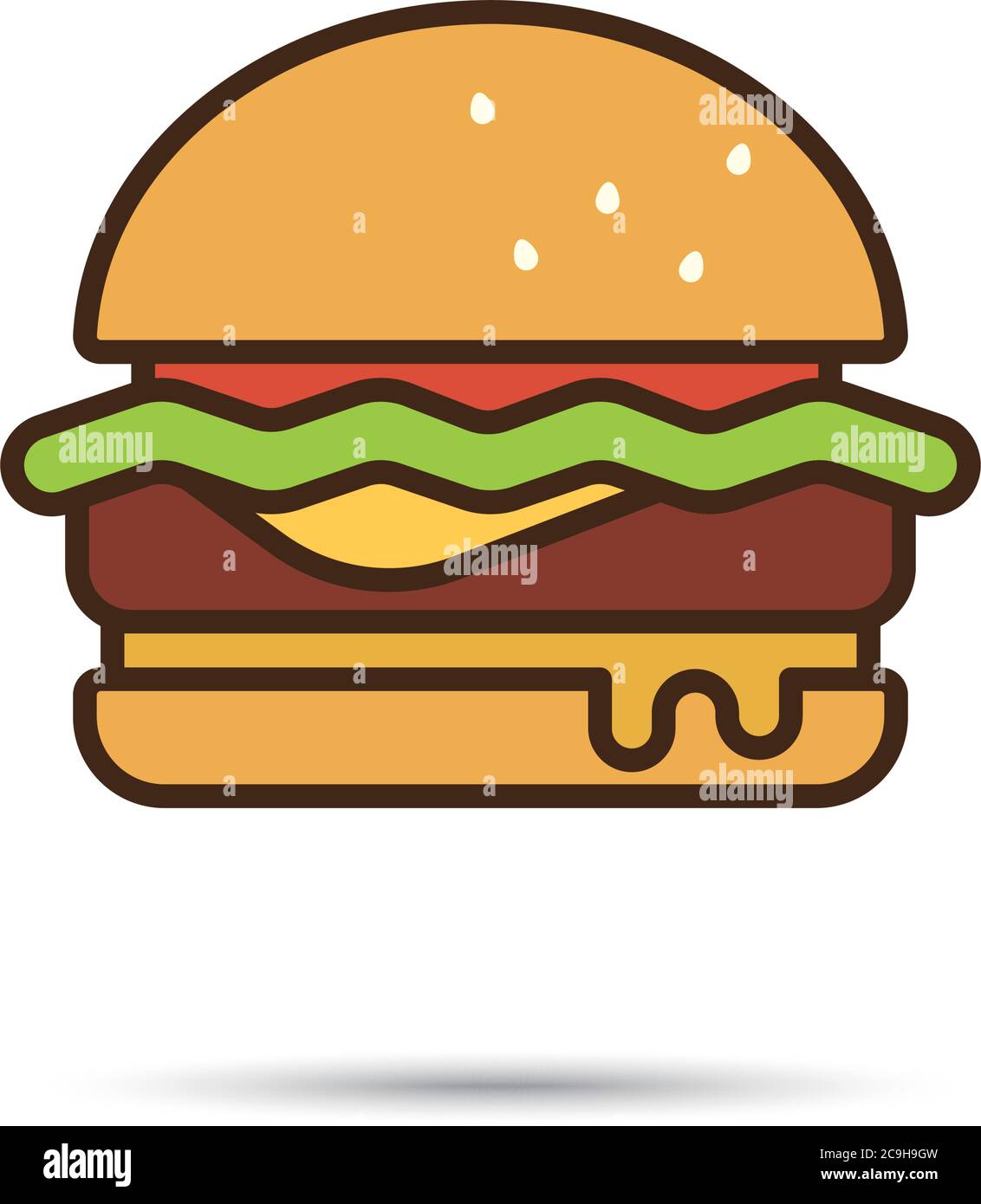 Hamburger o cheeseburger icona della linea vettoriale, stile piatto con riempimento colore. Simbolo fast food. Illustrazione Vettoriale