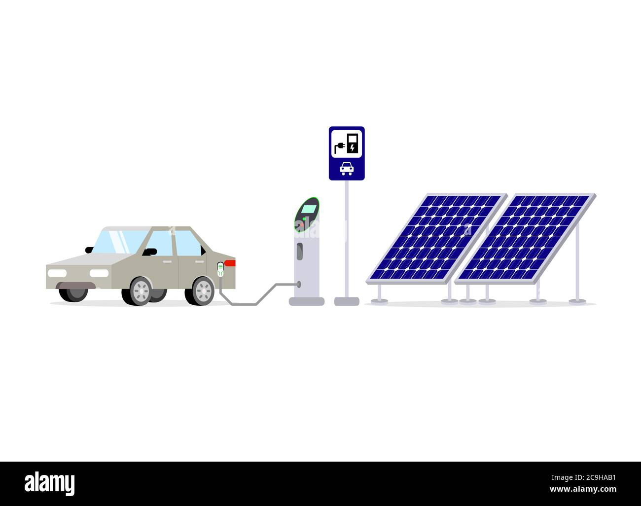 Un'automobile elettrica sta caricando la batteria ad una stazione di alimentazione usando l'energia solare. Illustrazione Vettoriale