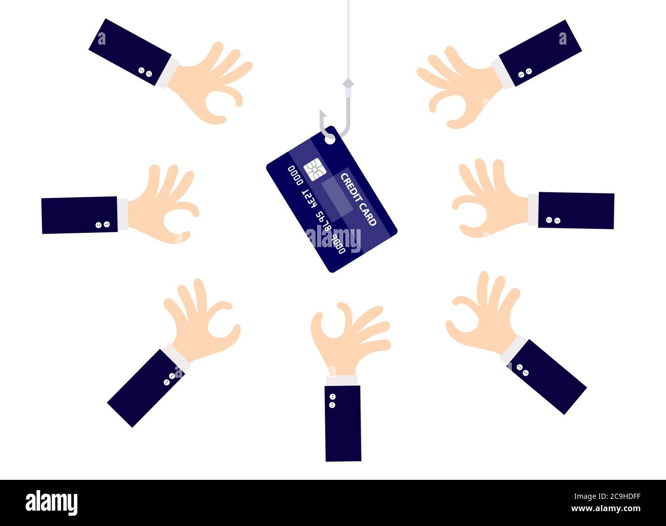 Il gancio agganciato della carta di credito con molte mani sono scramble isolati su sfondo bianco. Illustrazione Vettoriale