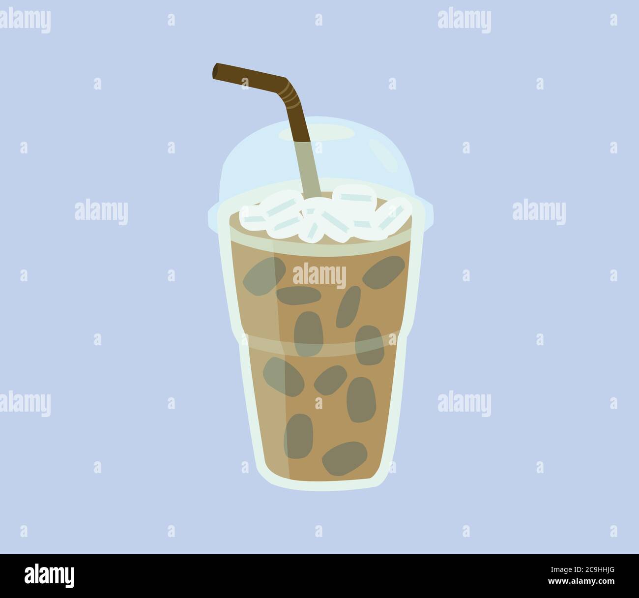 Caffè fresco in tazza di plastica con coperchio e tubo isolato su sfondo blu. Illustrazione Vettoriale