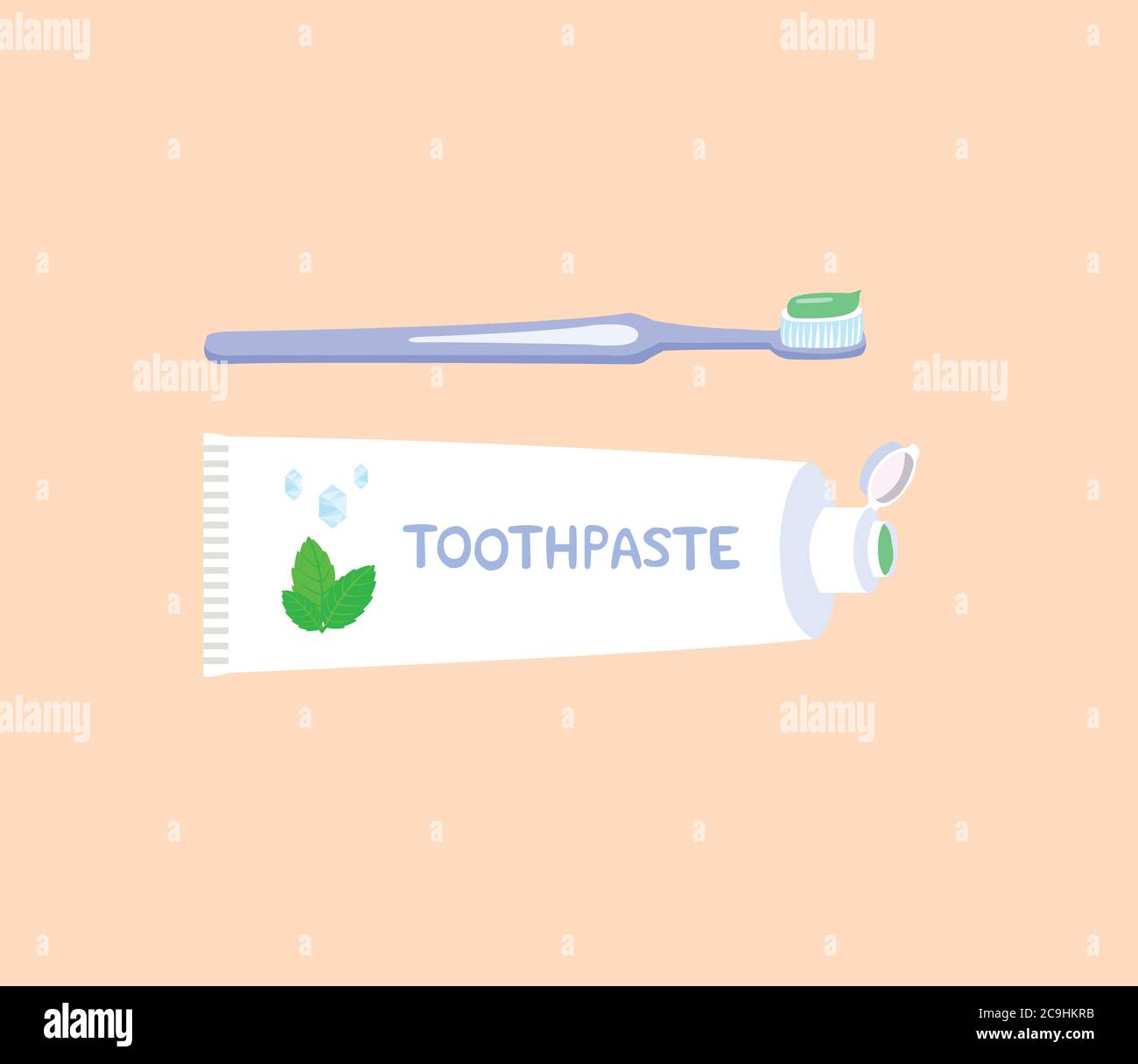 Dentifricio a base di erbe e spazzolino isolato su sfondo rosa. Illustrazione Vettoriale