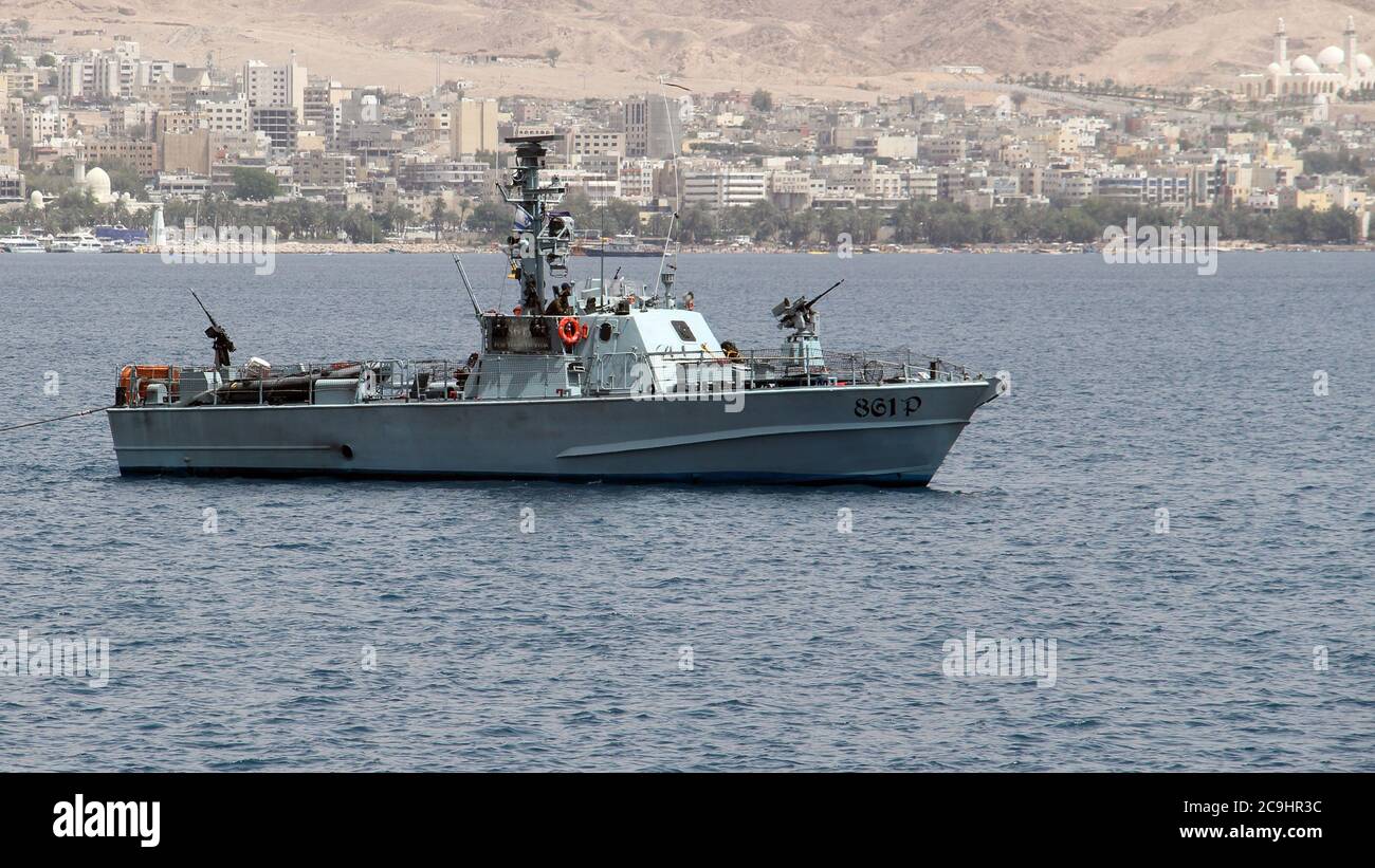 Eilat, dal 29 al 2017 aprile, barca militare di confine israeliana vicino al confine con la Giordania. Foto Stock