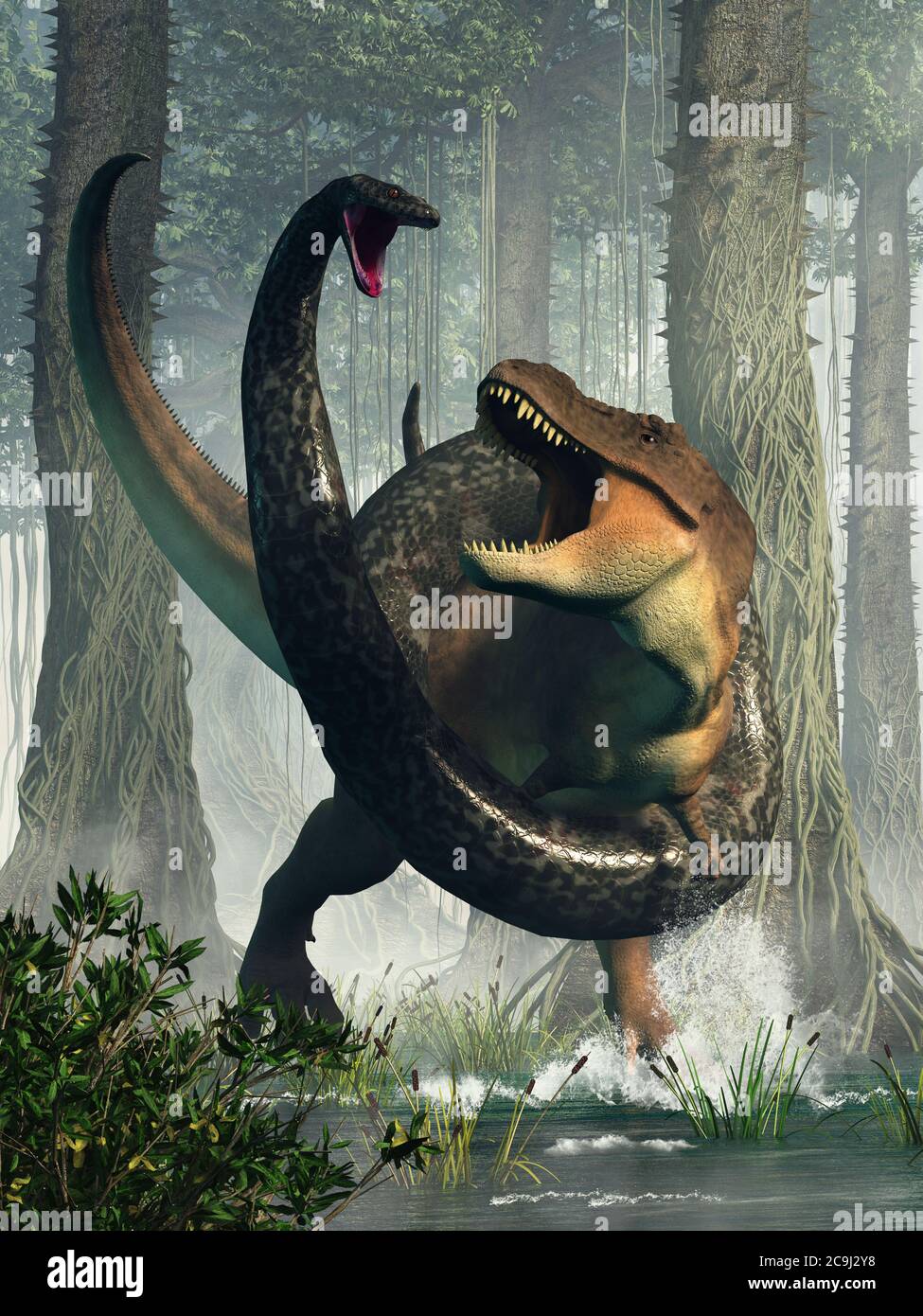 Un tirannosauro rex ha vagato in una palude e si è trovato in contrasto con il più grande serpente mai conosciuto per esistere: Titanoboa Foto Stock