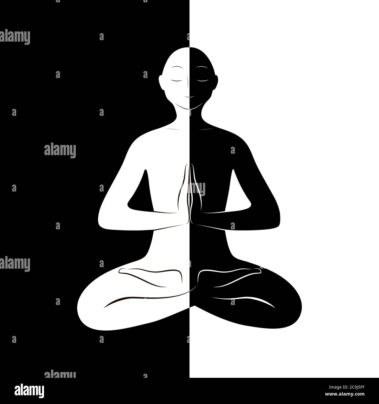 yin-yang . Meditazione nella posizione del loto . Bianco e nero. Illustrazione Vettoriale