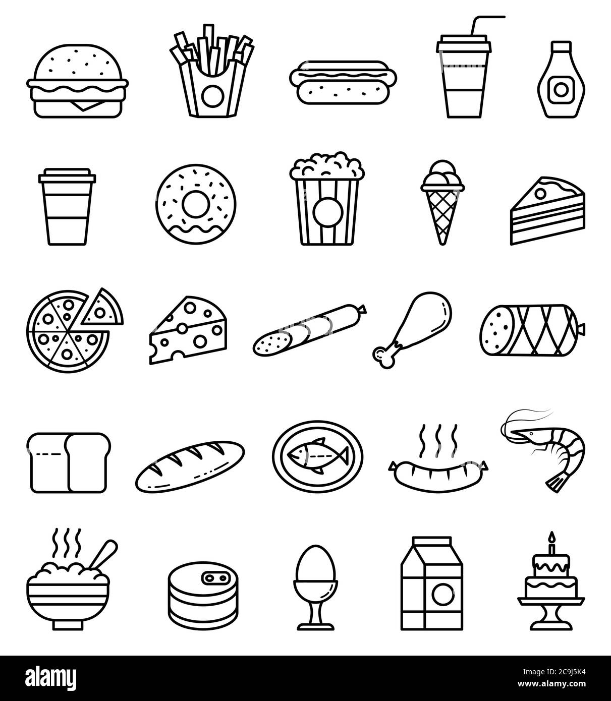 Illustrazioni di cibo vettoriale. Insieme di icone di contorno isolate Illustrazione Vettoriale