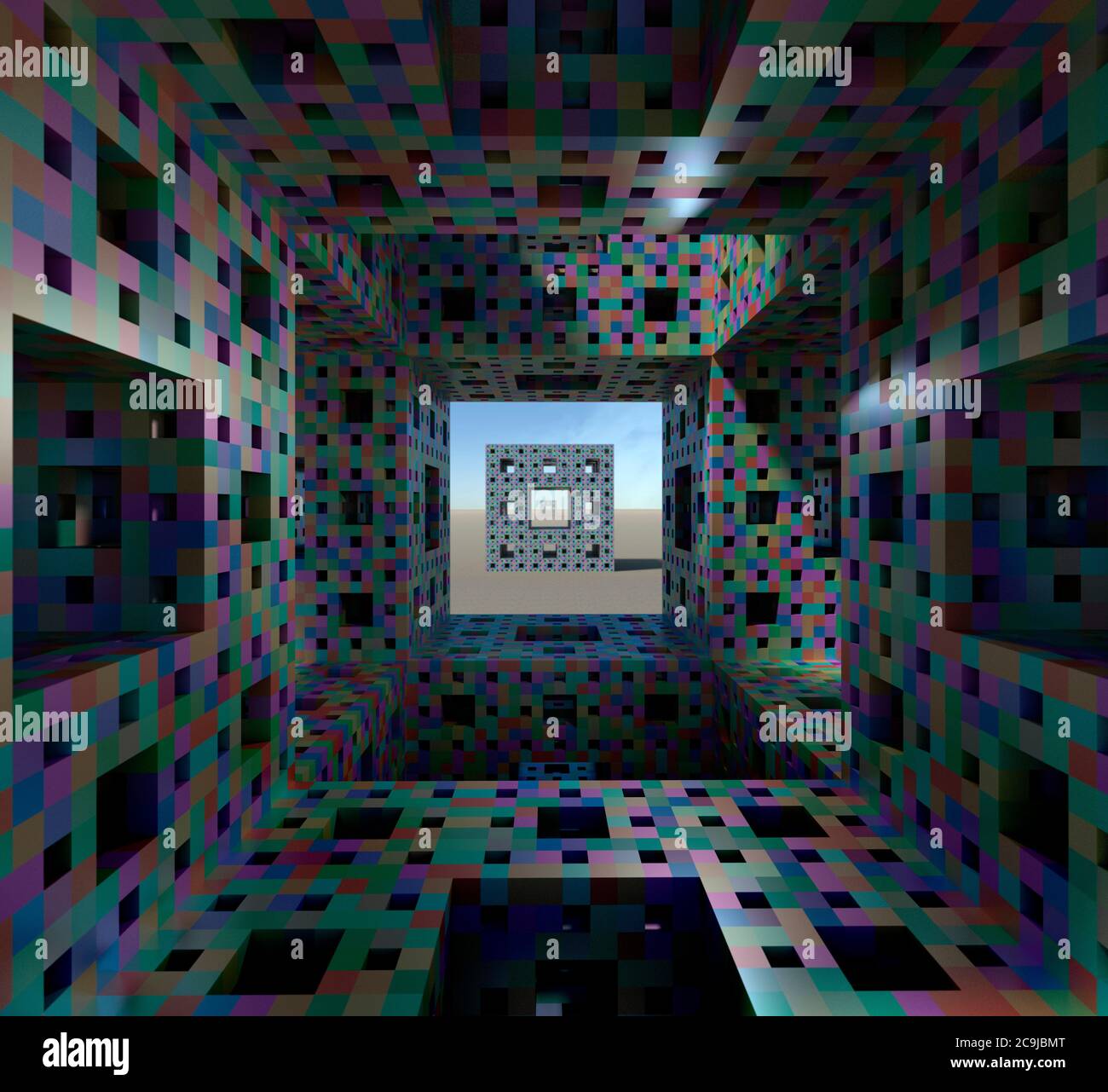 Interno di una spugna Menger con quattro iterazioni e una vista di altre, illustrazione del computer. La spugna di Menger è un oggetto matematico, dove un cubo Foto Stock