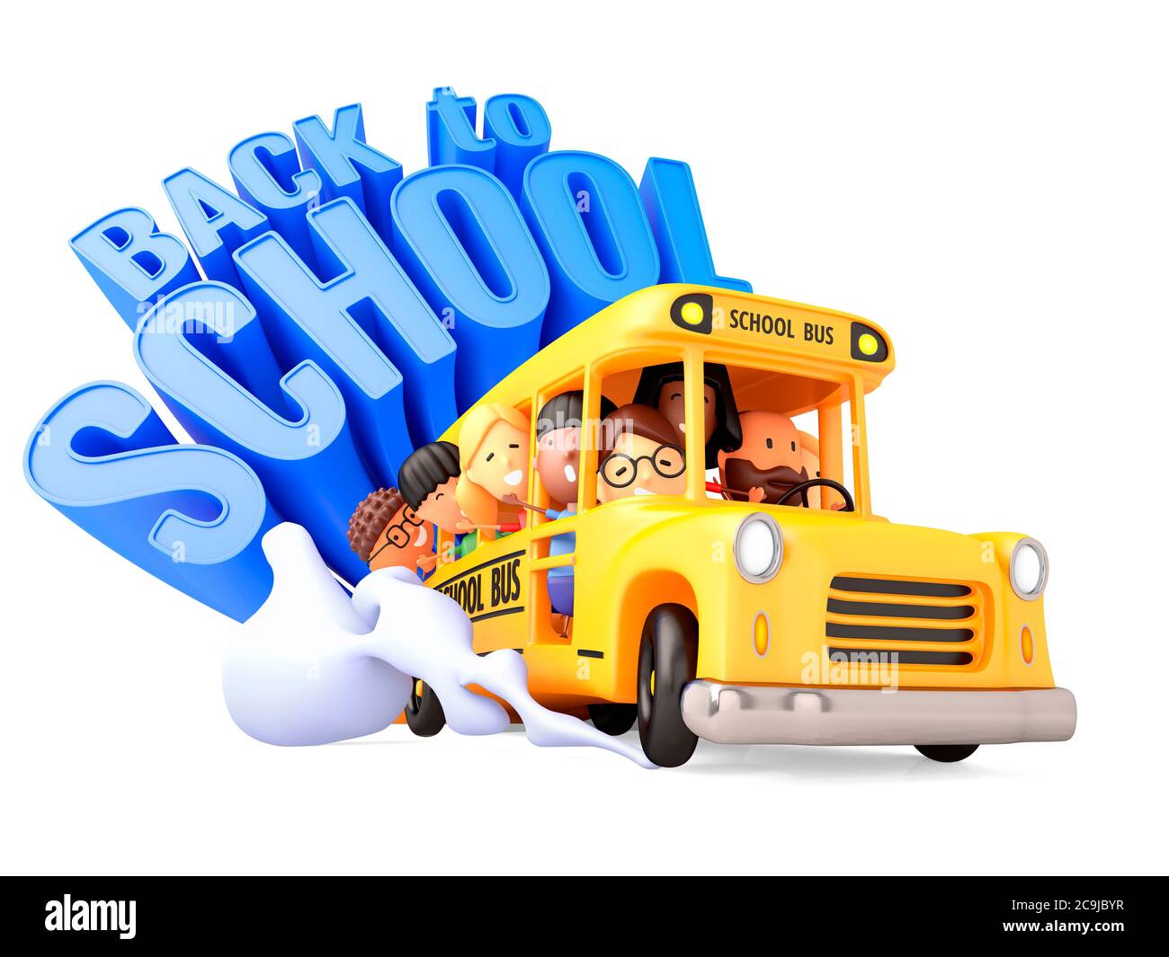 Ritorno a scuola. Gruppo di bambini felici che cavalcano su un autobus giallo. Illustrazione 3D. Foto Stock