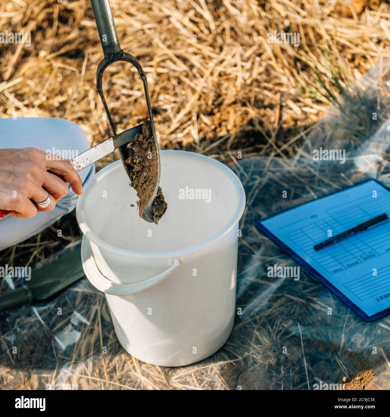Campionamento del suolo. Agronomo femmina che preleva il campione con campionatore per sonda per terreno. Foto Stock
