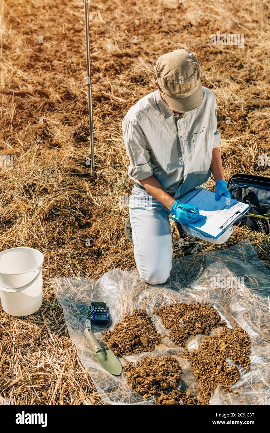 Prova del suolo. Agronomo femminile che prende appunti sul campo. Foto Stock