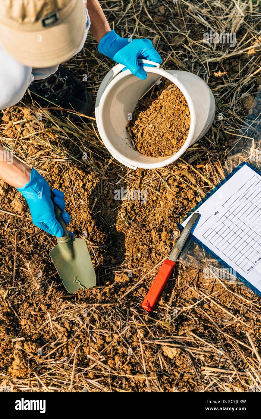Analisi del suolo. Specialista Agronomia prelievo di campioni di terreno per l'analisi della fertilità. Foto Stock