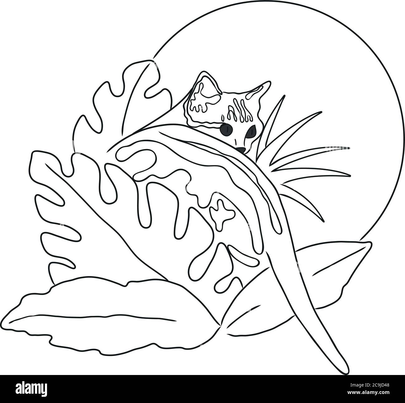 Foglie tropicali e l'illustrazione del gatto / vettore Illustrazione Vettoriale