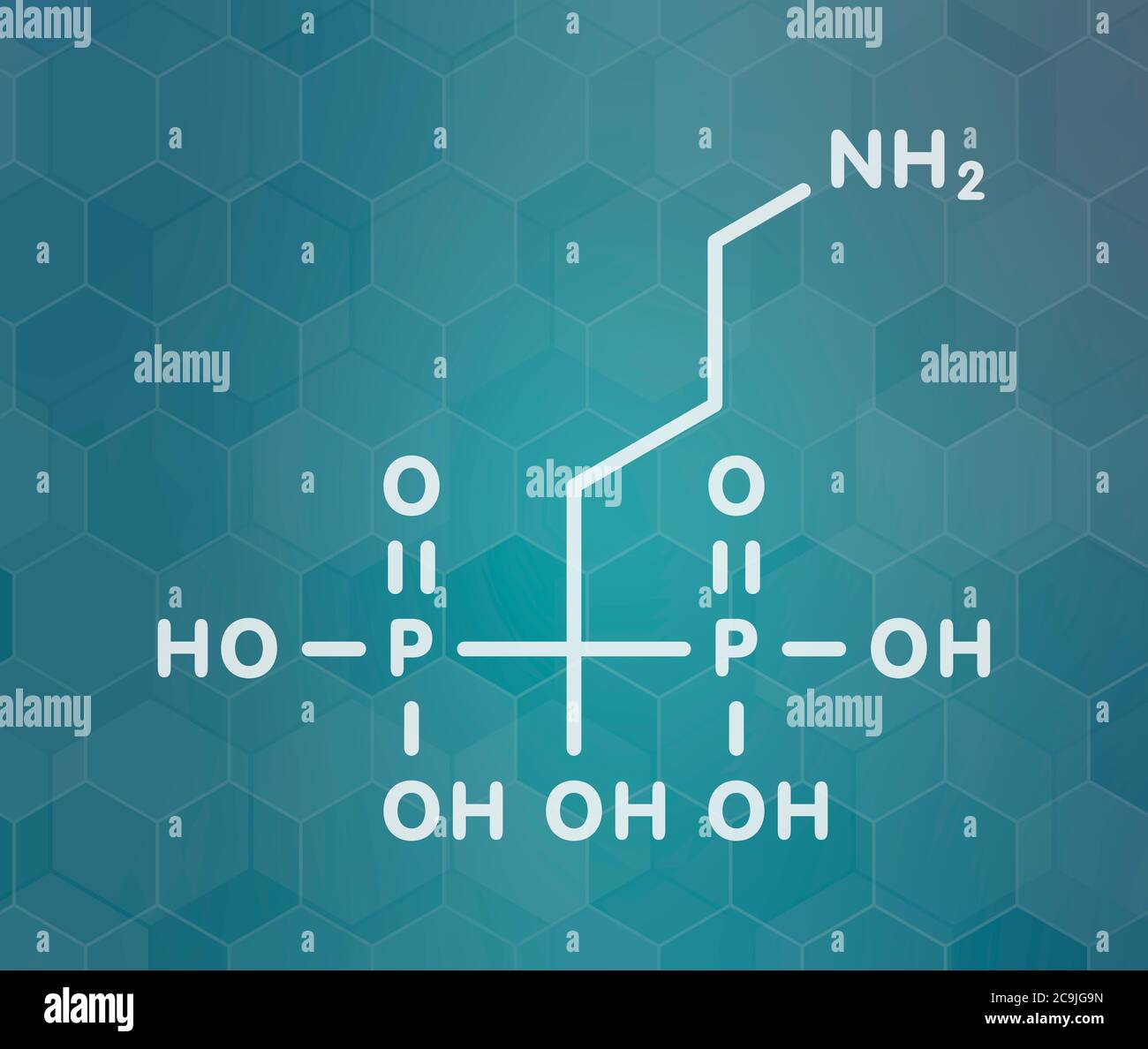Acido alendronico (alendronato, classe bisfosfonato) molecola di farmaco per l'osteoporosi. Formula scheletrica bianca su sfondo scuro del gradiente teale con esagonale Foto Stock