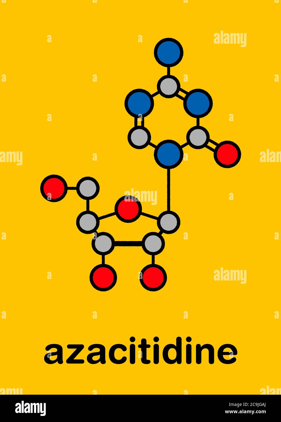 Azacitidina (5-azacitidina) molecola di farmaco della sindrome mielodisplastica. Formula scheletrica stilizzata (struttura chimica). Gli atomi sono mostrati come cir con codice colore Foto Stock