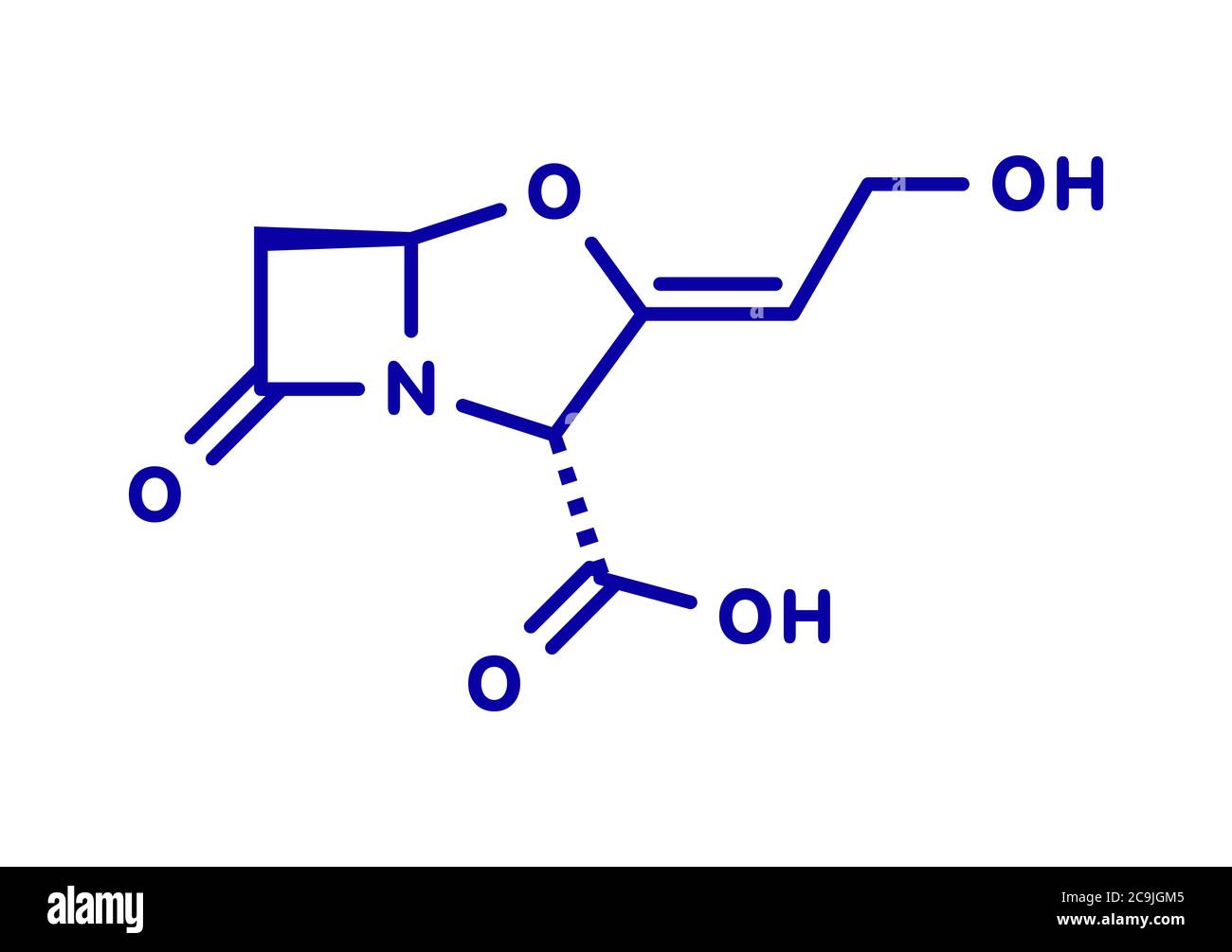 Molecola di farmaco bloccante della beta-lattamasi dell'acido clavulanico. Spesso combinato con antibiotici di classe beta-lattame. Formula scheletrica blu su sfondo bianco. Foto Stock
