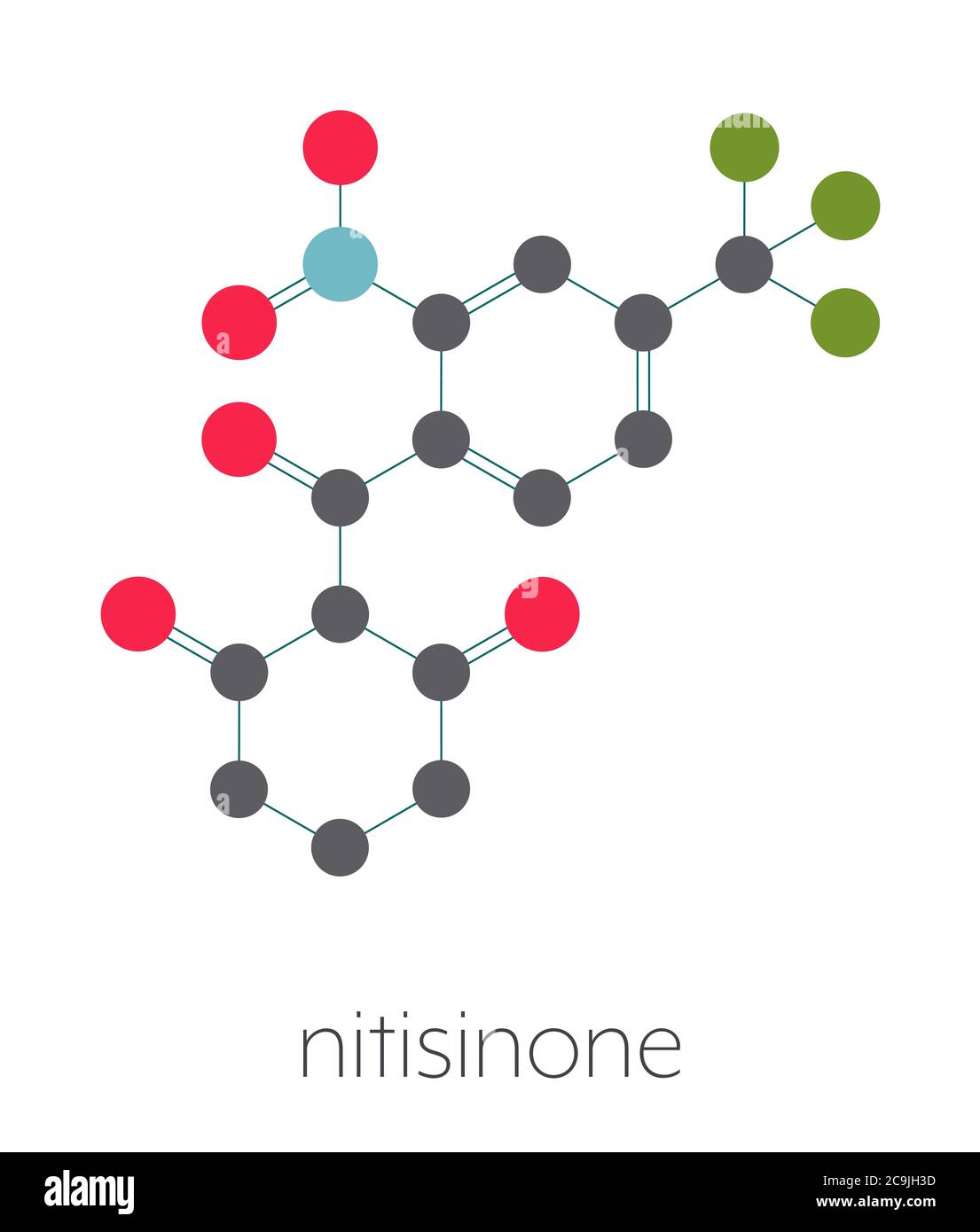 Nitisinone molecola ereditaria di tirosinemia di tipo 1. Formula scheletrica stilizzata (struttura chimica). Gli atomi vengono visualizzati come cerchi codificati a colori Foto Stock