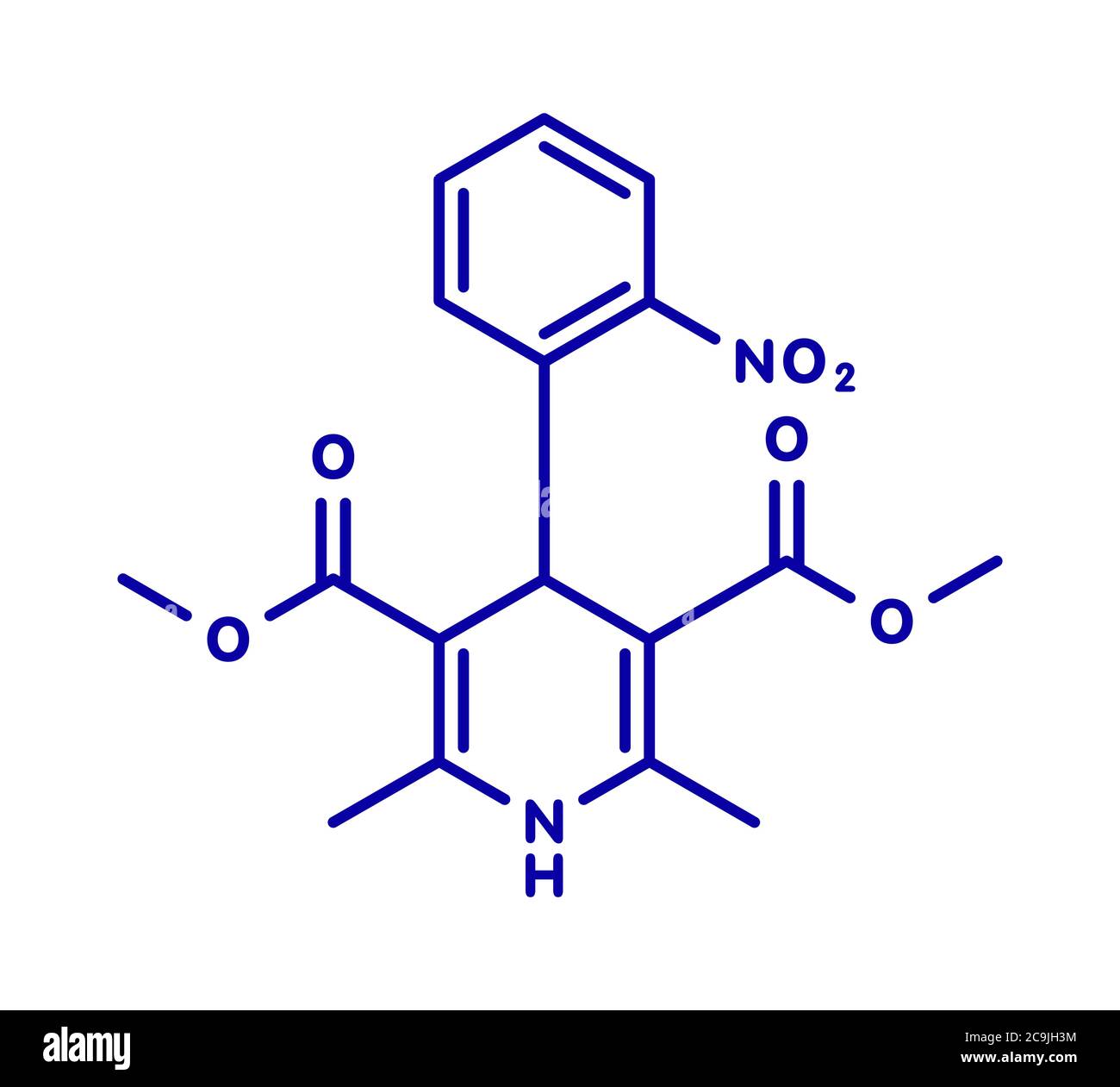 Nifedipina calcio-antagonisti farmaco. Utilizzato nel trattamento  dell'angina e dell'ipertensione (pressione alta). Formula scheletrica blu  su sfondo bianco Foto stock - Alamy