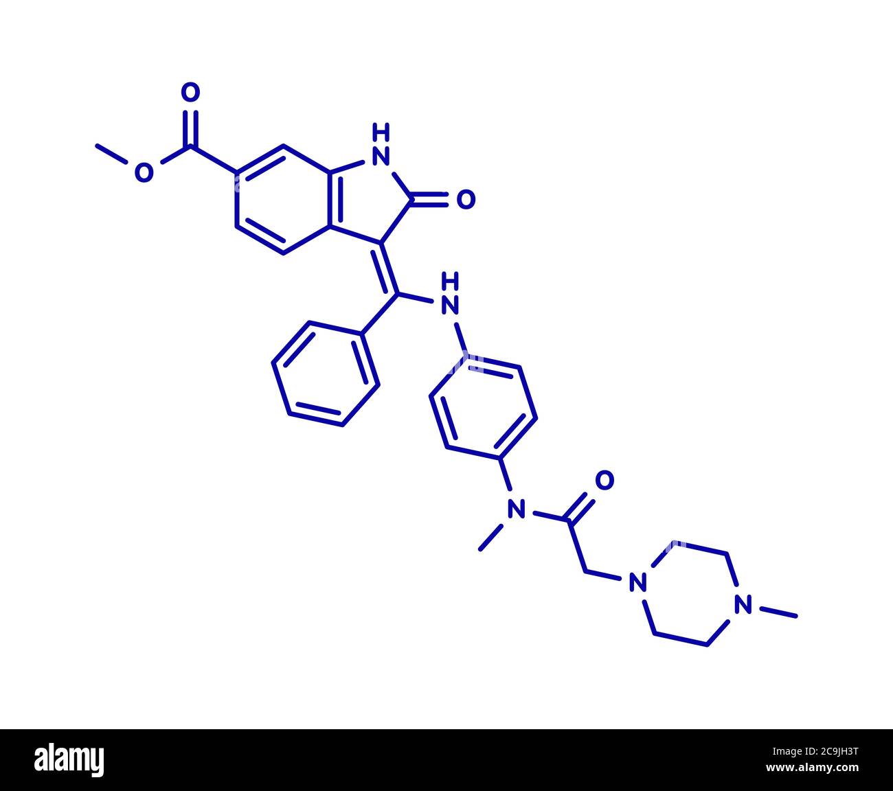 Nintedanib molecola di farmaco per il cancro. Inibitore dell'angiogenesi. Formula scheletrica blu su sfondo bianco. Foto Stock