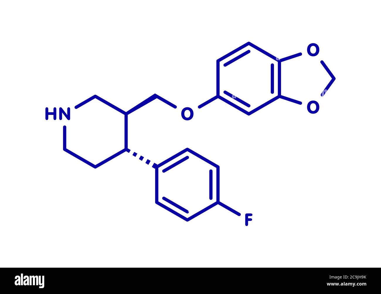 Molecola di paroxetina antidepressiva (classe SSRI). Formula scheletrica blu su sfondo bianco. Foto Stock
