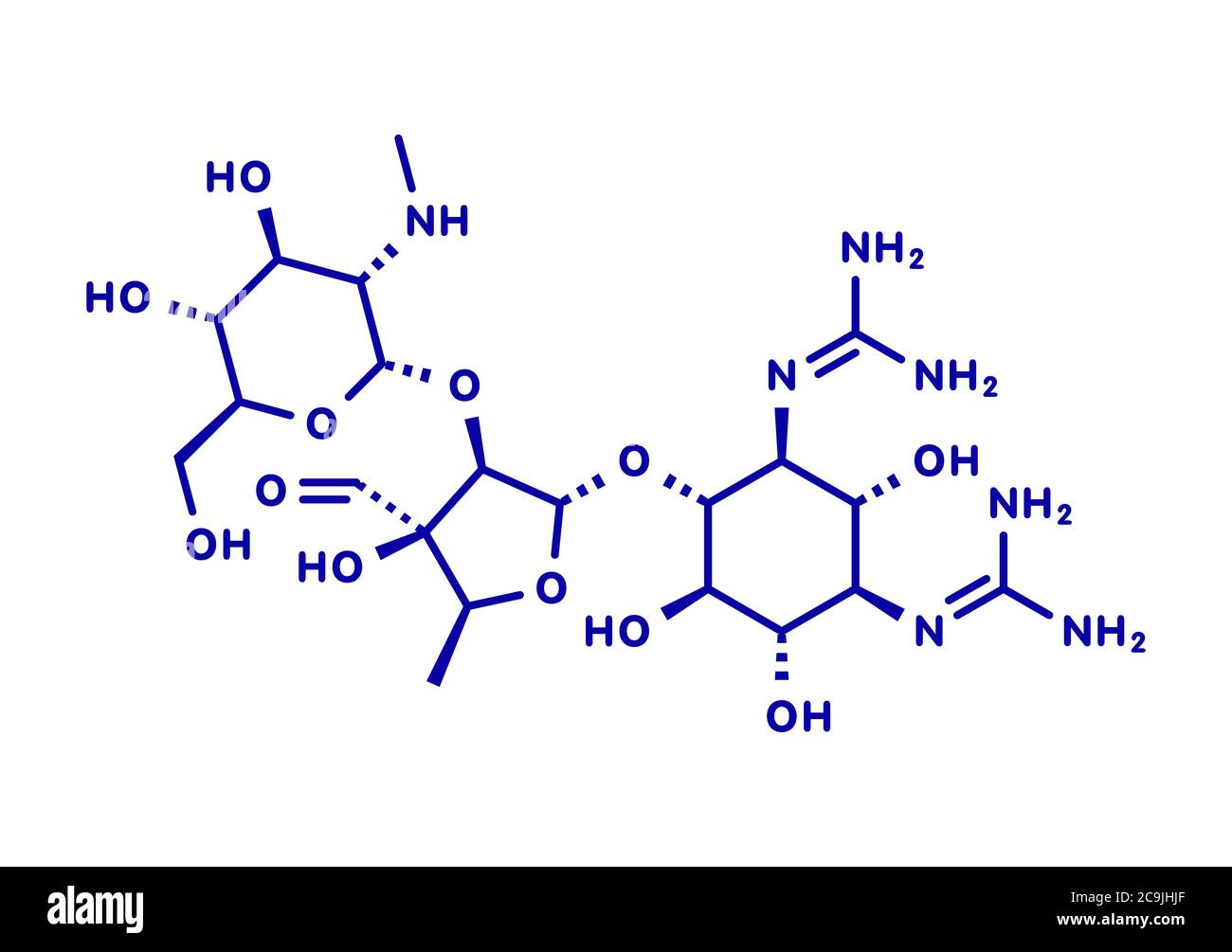 Streptomicina tuberculosis molecola antibiotica (classe aminoglicosidica). Formula scheletrica blu su sfondo bianco. Foto Stock