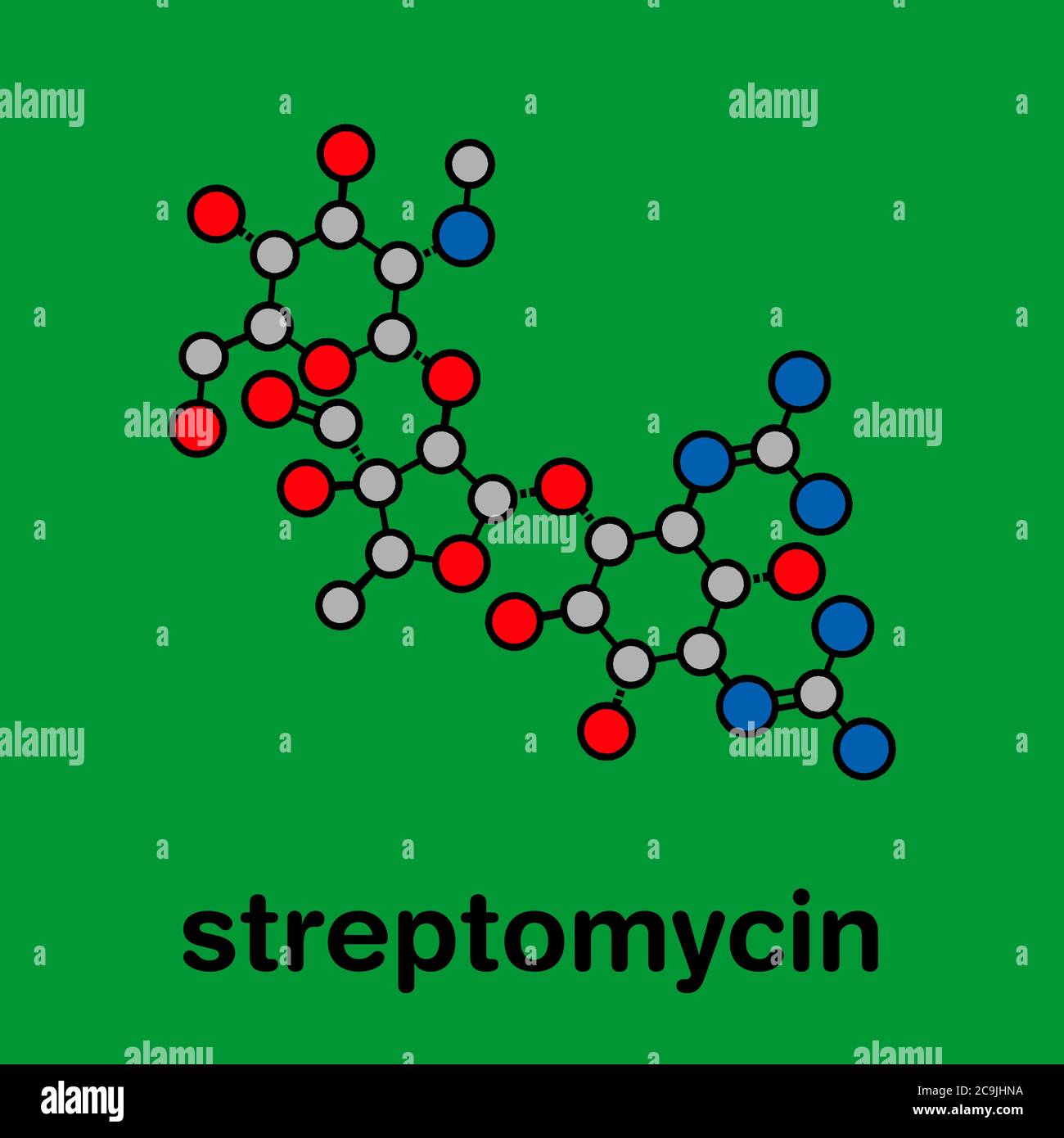 Streptomicina tuberculosis molecola antibiotica (classe aminoglicosidica). Formula scheletrica stilizzata (struttura chimica). Gli atomi sono indicati come c Foto Stock