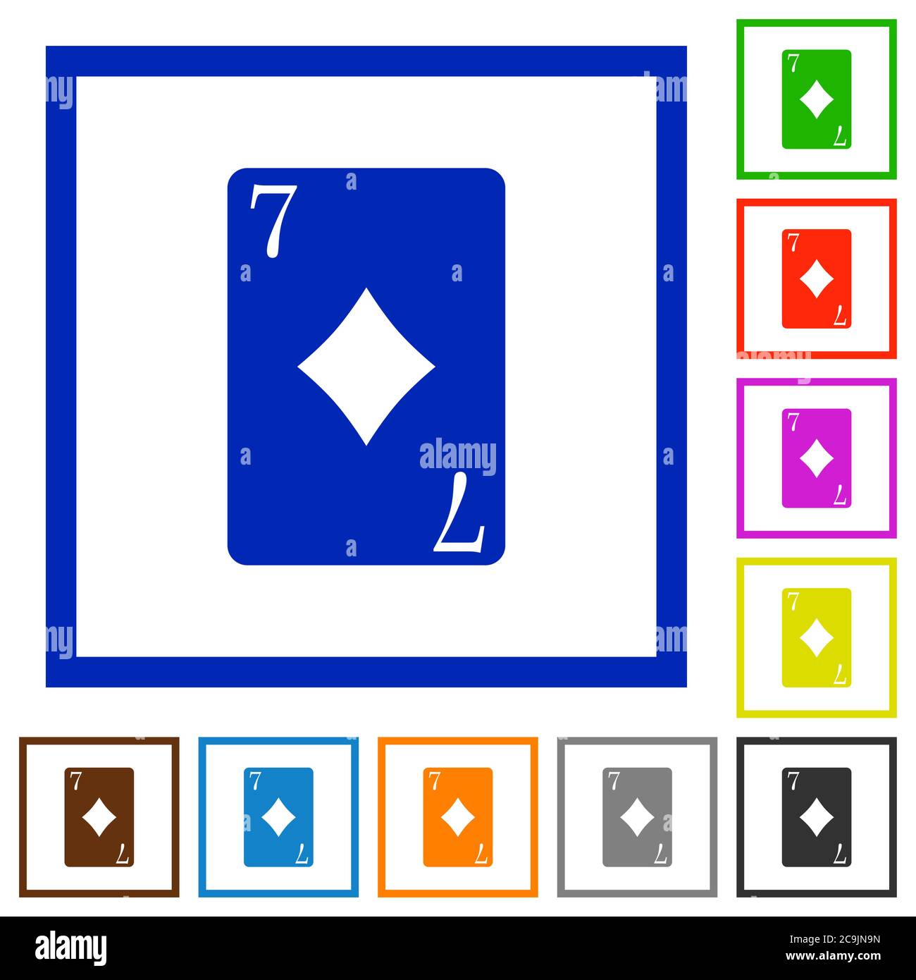 Sette delle icone di colore piatto della scheda dei diamanti in cornici quadrate su sfondo bianco Illustrazione Vettoriale