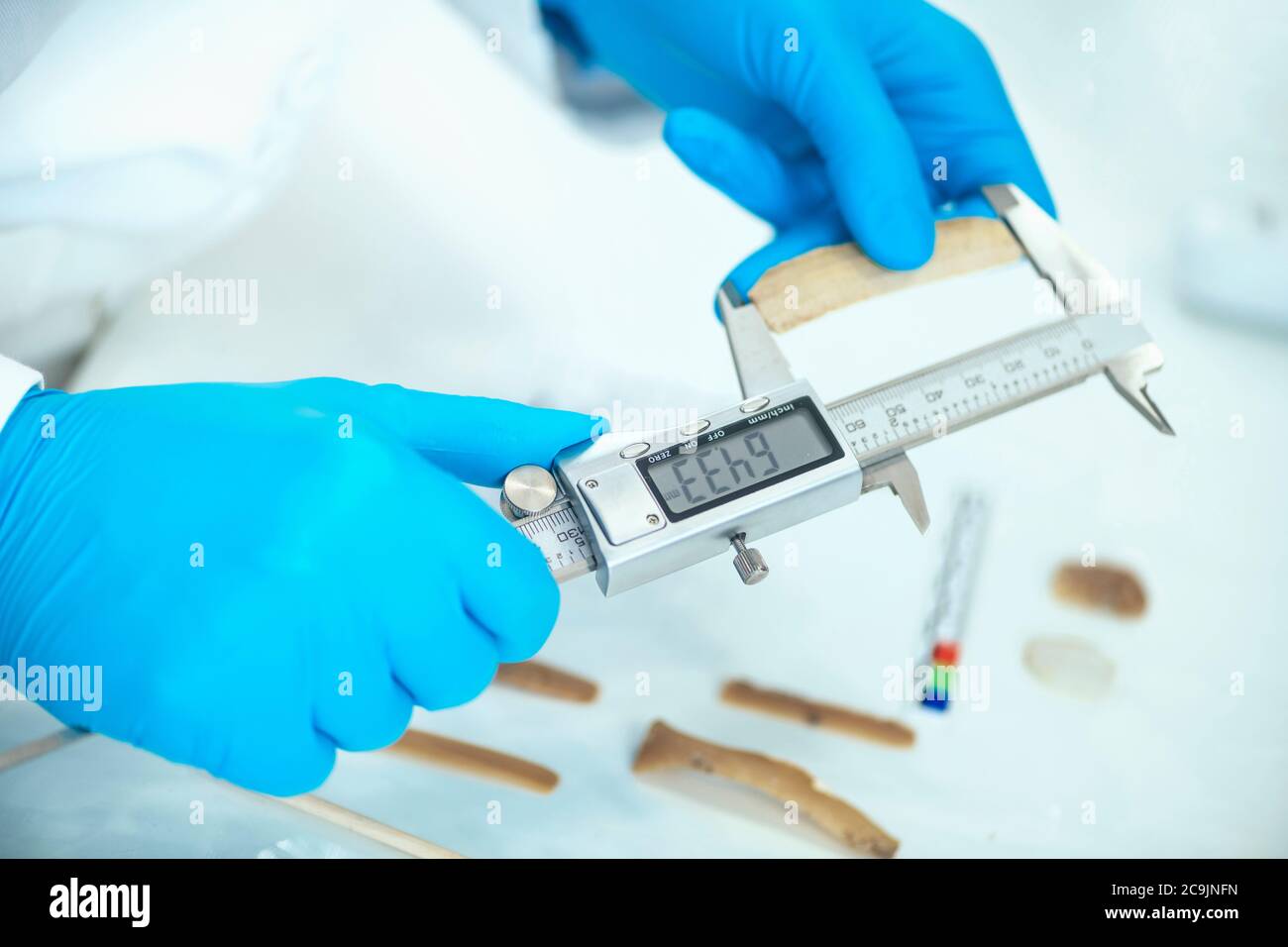Archeologo che misura litiche con calibro in laboratorio. Foto Stock