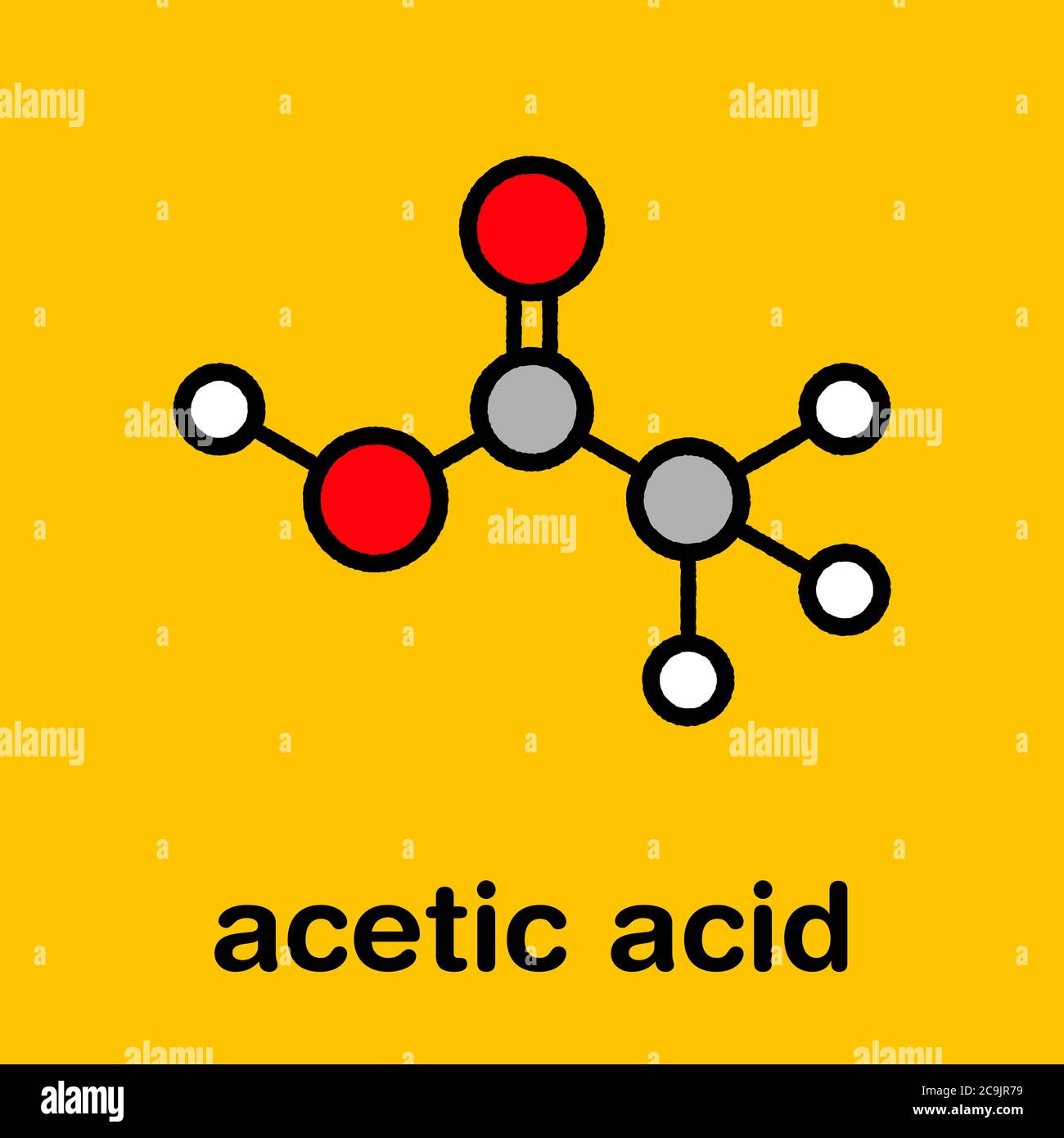 Molecola di acido acetico. L'aceto è una soluzione acquosa di acido acetico. Formula scheletrica stilizzata (struttura chimica). Gli atomi vengono visualizzati come ci con codifica a colori Foto Stock