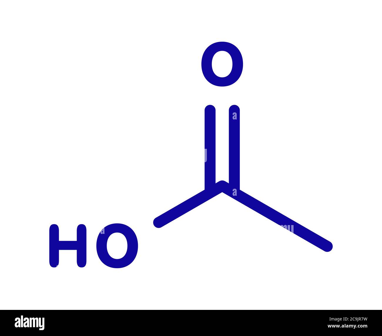 Molecola di acido acetico. L'aceto è una soluzione acquosa di acido acetico. Formula scheletrica blu su sfondo bianco. Foto Stock
