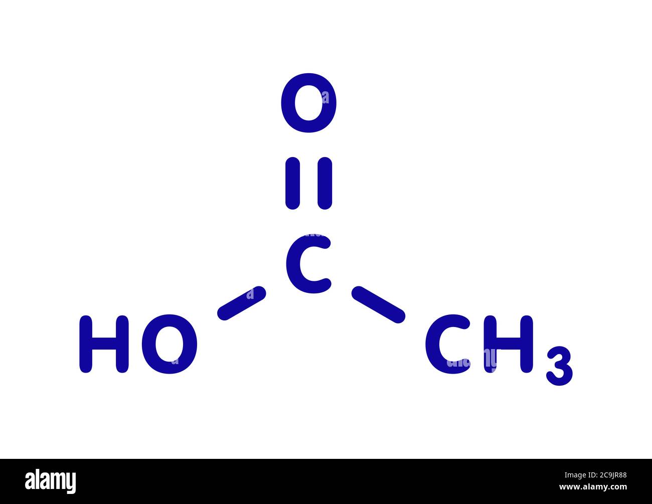 Molecola di acido acetico. L'aceto è una soluzione acquosa di acido acetico. Formula scheletrica blu su sfondo bianco. Foto Stock