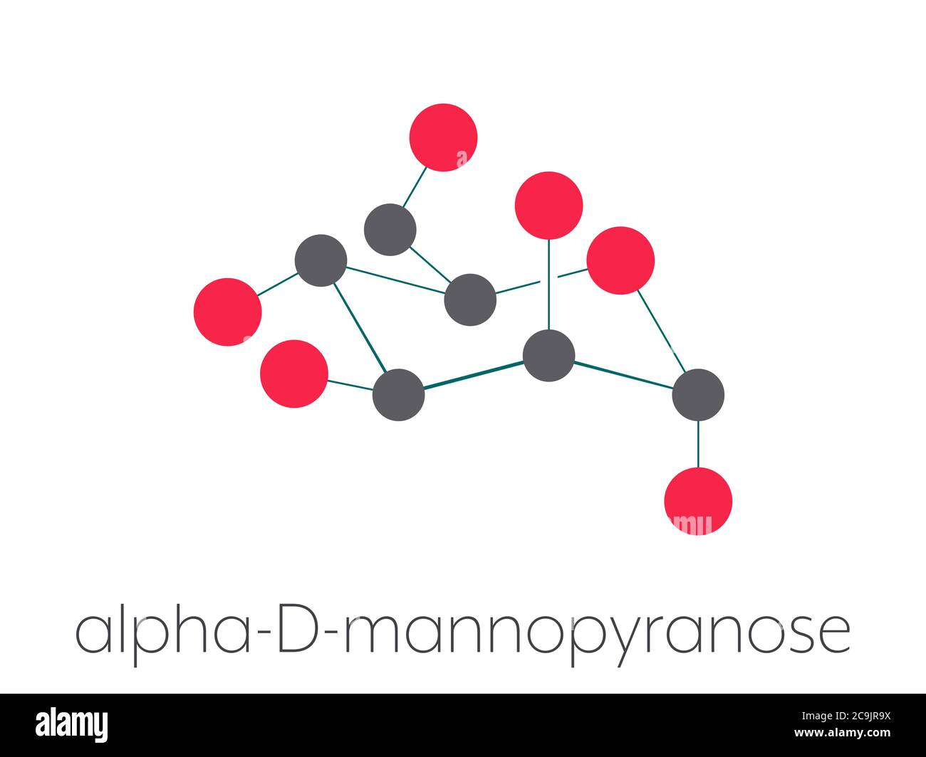 Molecola di zucchero di mannosio (D-mannosio). Epimero di glucosio. Formula scheletrica stilizzata (struttura chimica). Gli atomi sono mostrati come cerchi codificati a colori connettono Foto Stock
