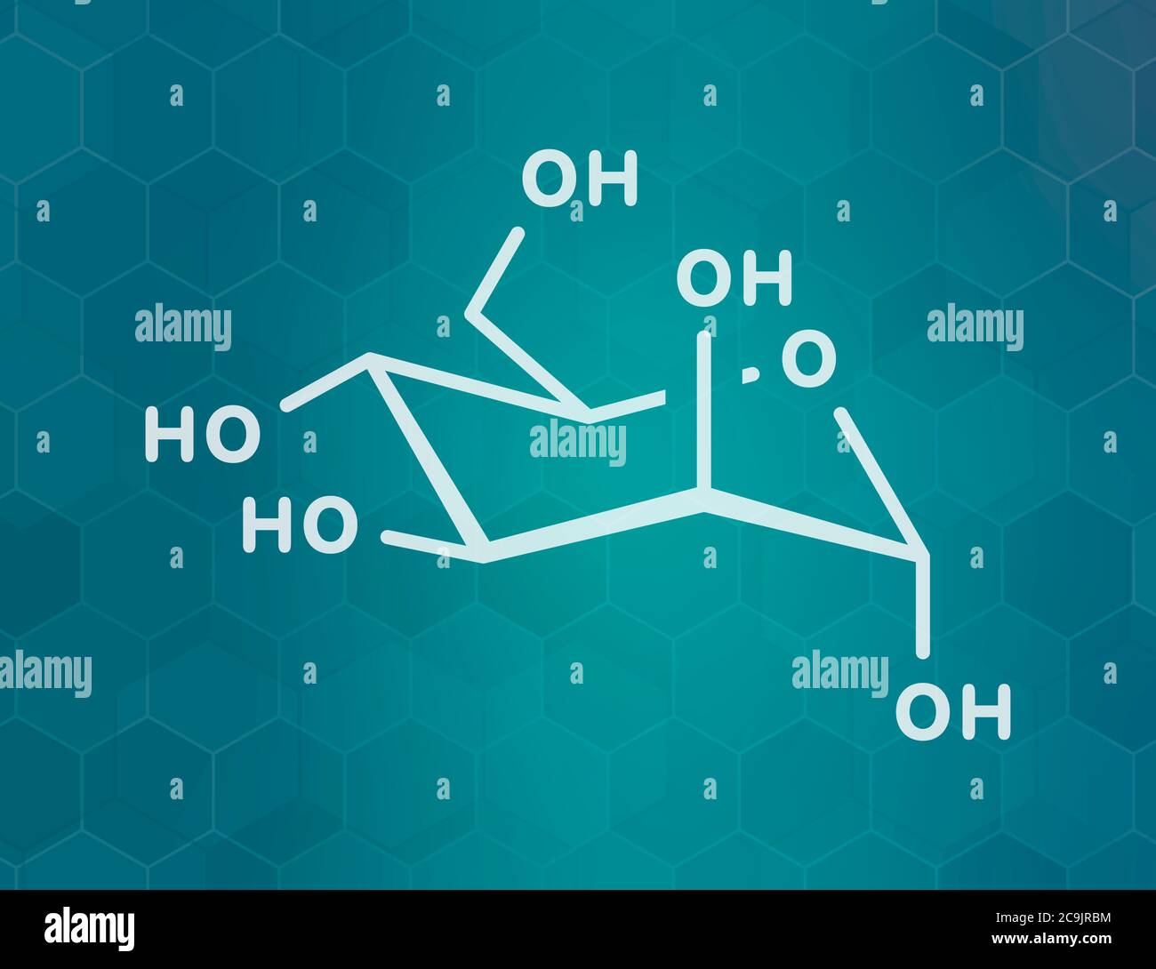 Molecola di zucchero di mannosio (D-mannosio). Epimero di glucosio. Formula scheletrica bianca su sfondo scuro del gradiente teale con pattern esagonale. Foto Stock