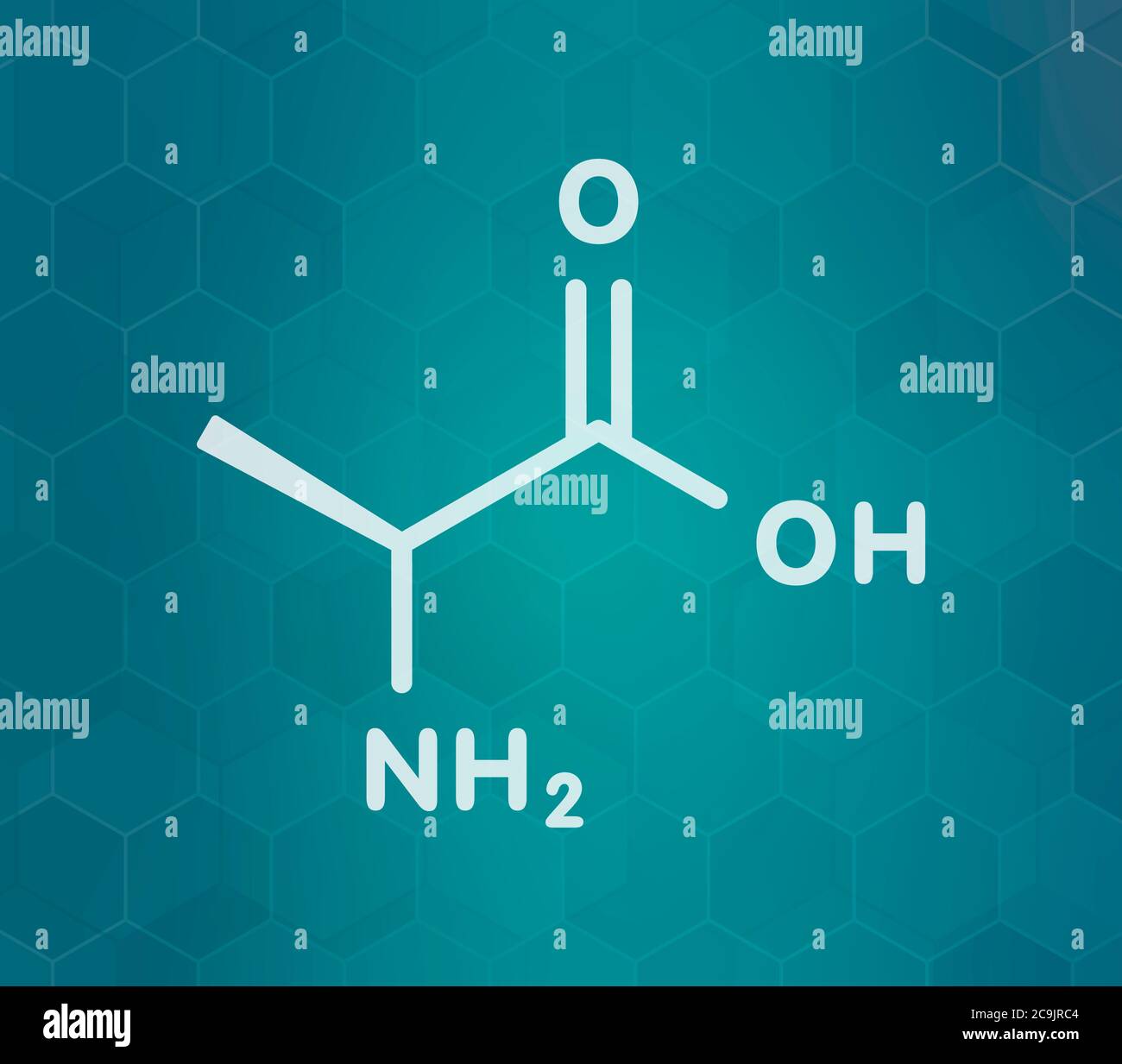 Molecola di alanina (L-alanina, Ala, A) amminoacidica. Formula scheletrica bianca su sfondo scuro del gradiente teale con pattern esagonale. Foto Stock