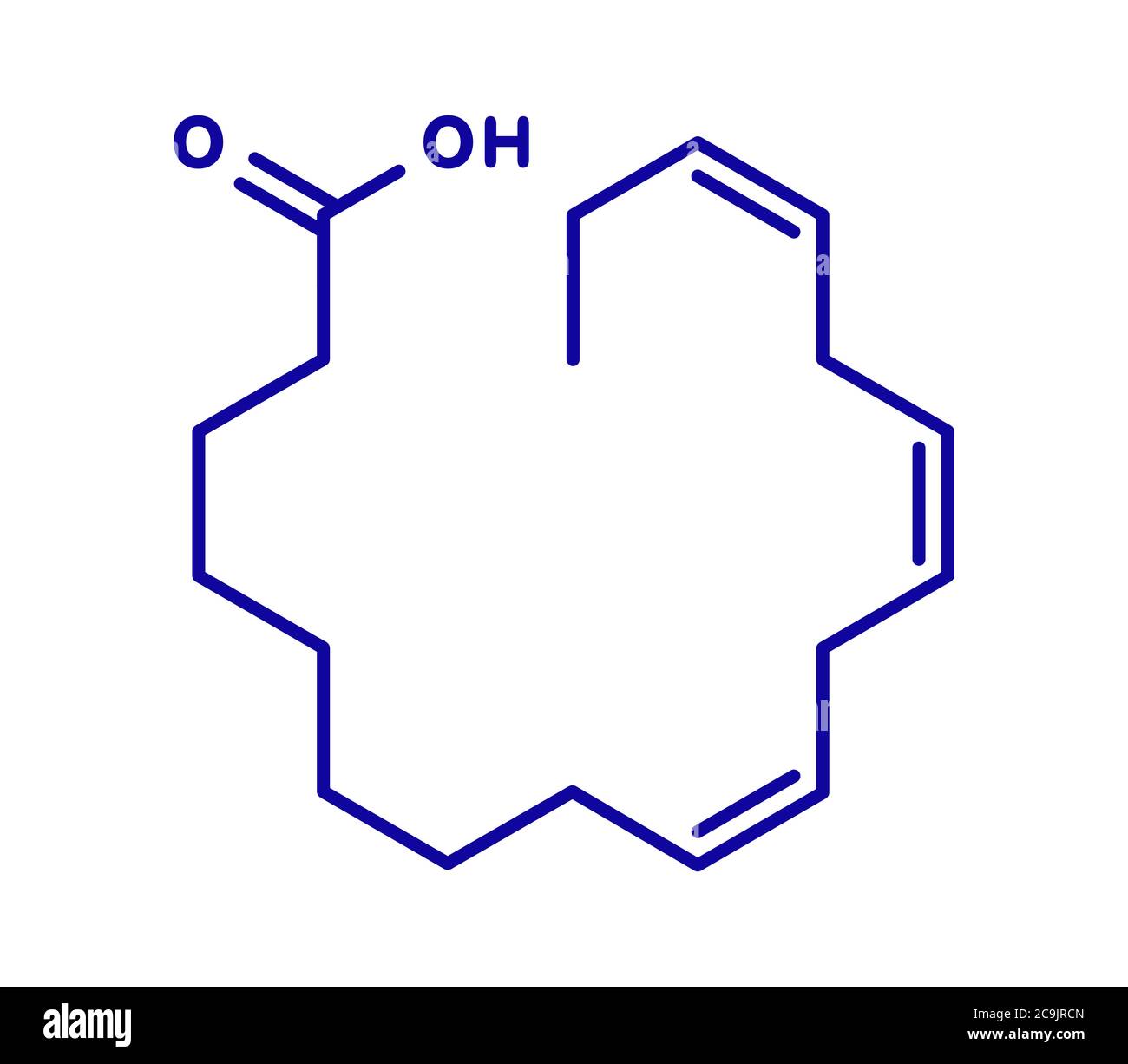 Molecola di acido alfa-linolenico (ala). Acido grasso polinsaturo omega-3  essenziale, presente in molti oli vegetali. Formula scheletrica blu sulla  parte posteriore bianca Foto stock - Alamy