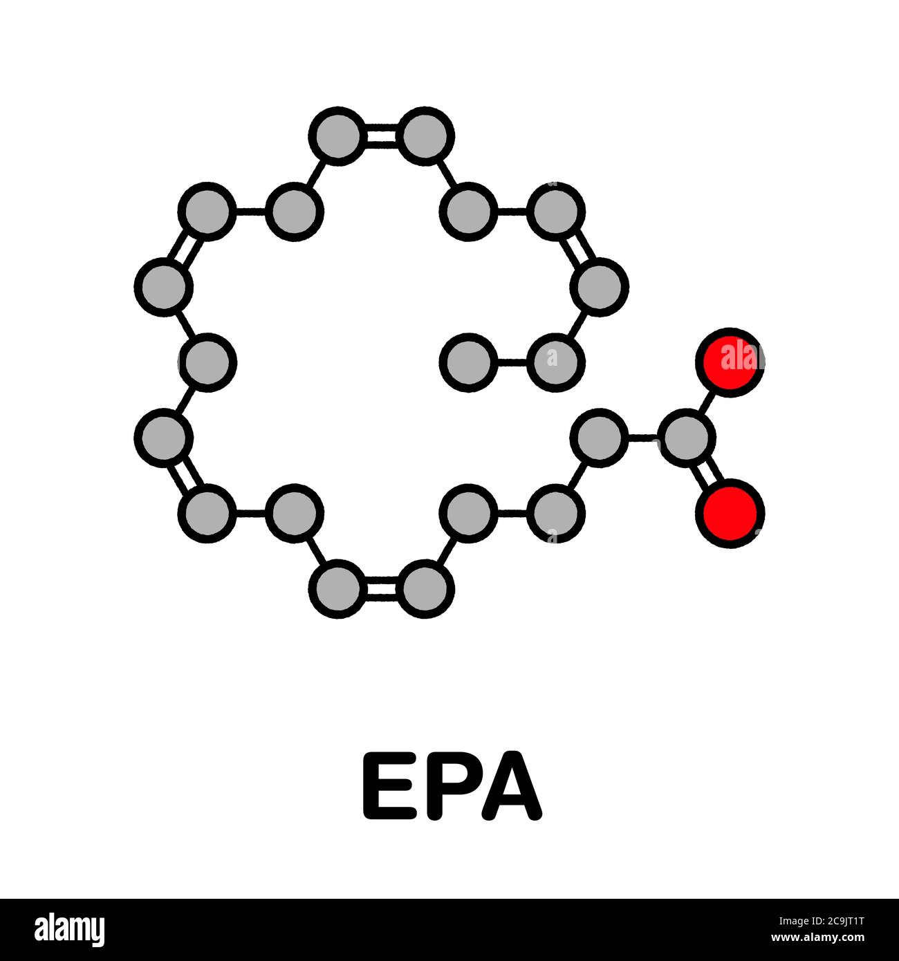 Acido Eicasapentaenoic (EPA, acido timnodonic molecola). Polinsaturo Omega-3 acido grasso, presente nell'olio di pesce. Stilizzata di scheletro di formula (chemical st Foto Stock