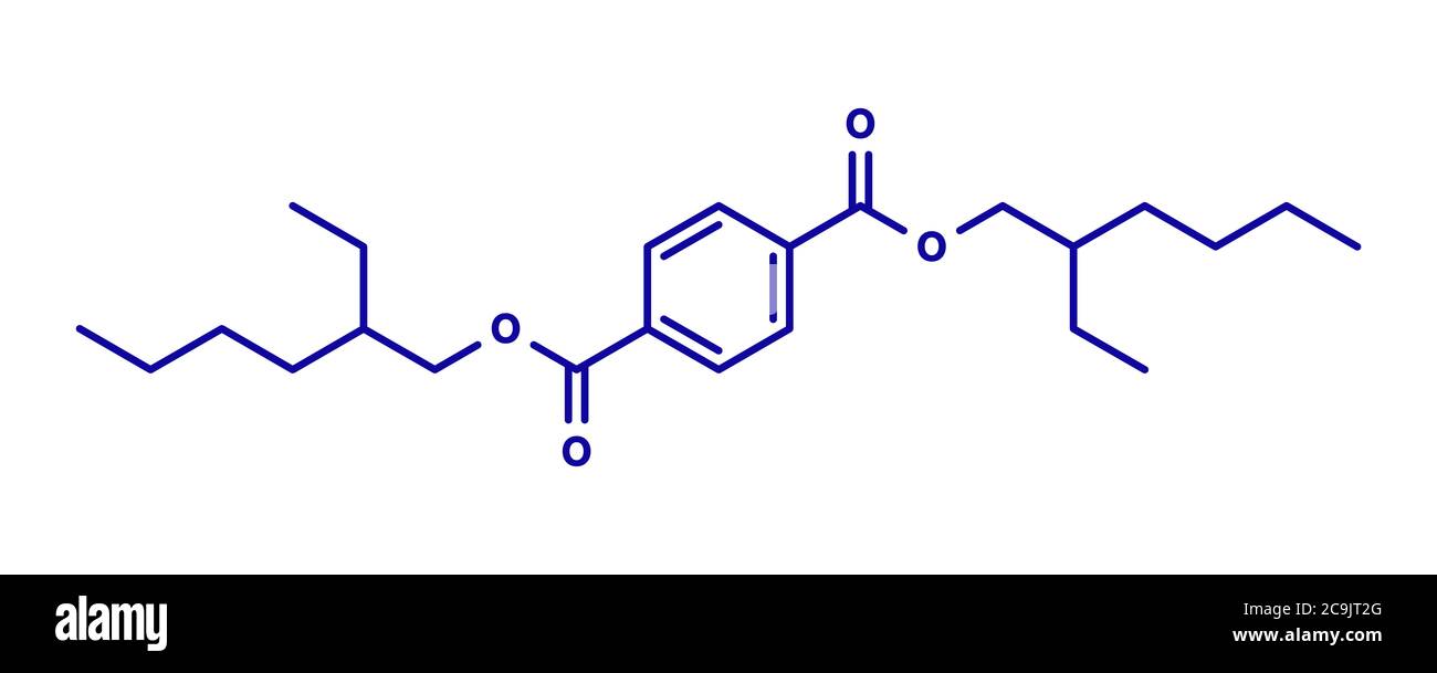 Molecola plastificante diottiltereftalato (DOTP, DEHT). Alternativa agli ftalati, utilizzata in plastica PVC. Formula scheletrica blu su sfondo bianco. Foto Stock