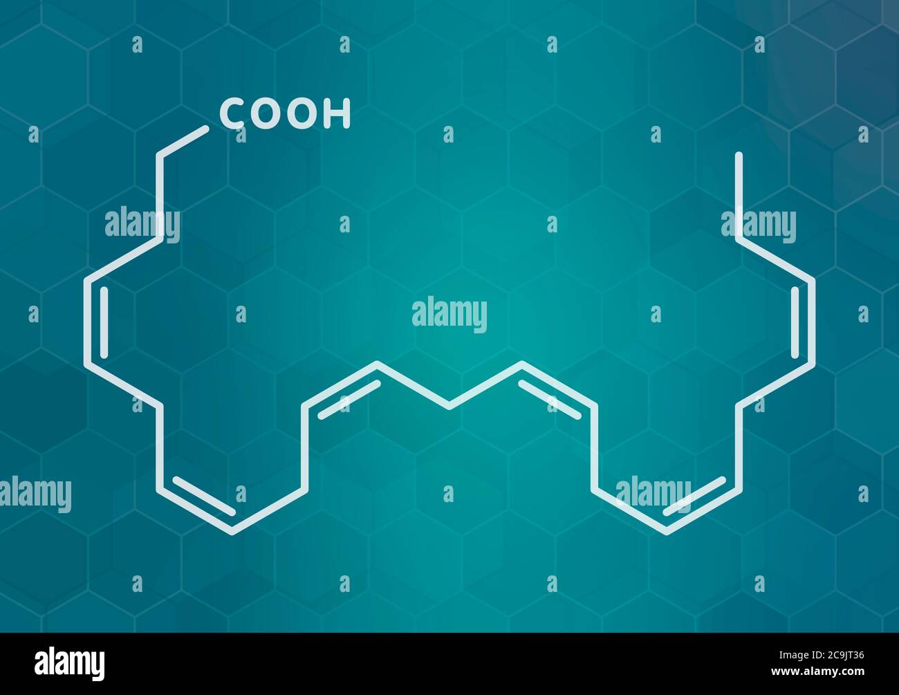 Acido docosaesaenoico (DHA, acido cervonic molecola). Polinsaturo Omega-3 di acidi grassi presenti nell'olio di pesce. Bianco formula scheletrico sul verde acqua scuro gradie Foto Stock