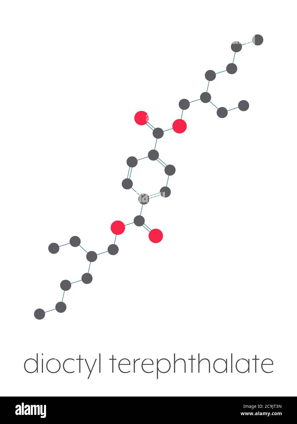 Molecola plastificante diottiltereftalato (DOTP, DEHT). Alternativa agli ftalati, utilizzata in plastica PVC. Formula scheletrica stilizzata (struttura chimica). Foto Stock