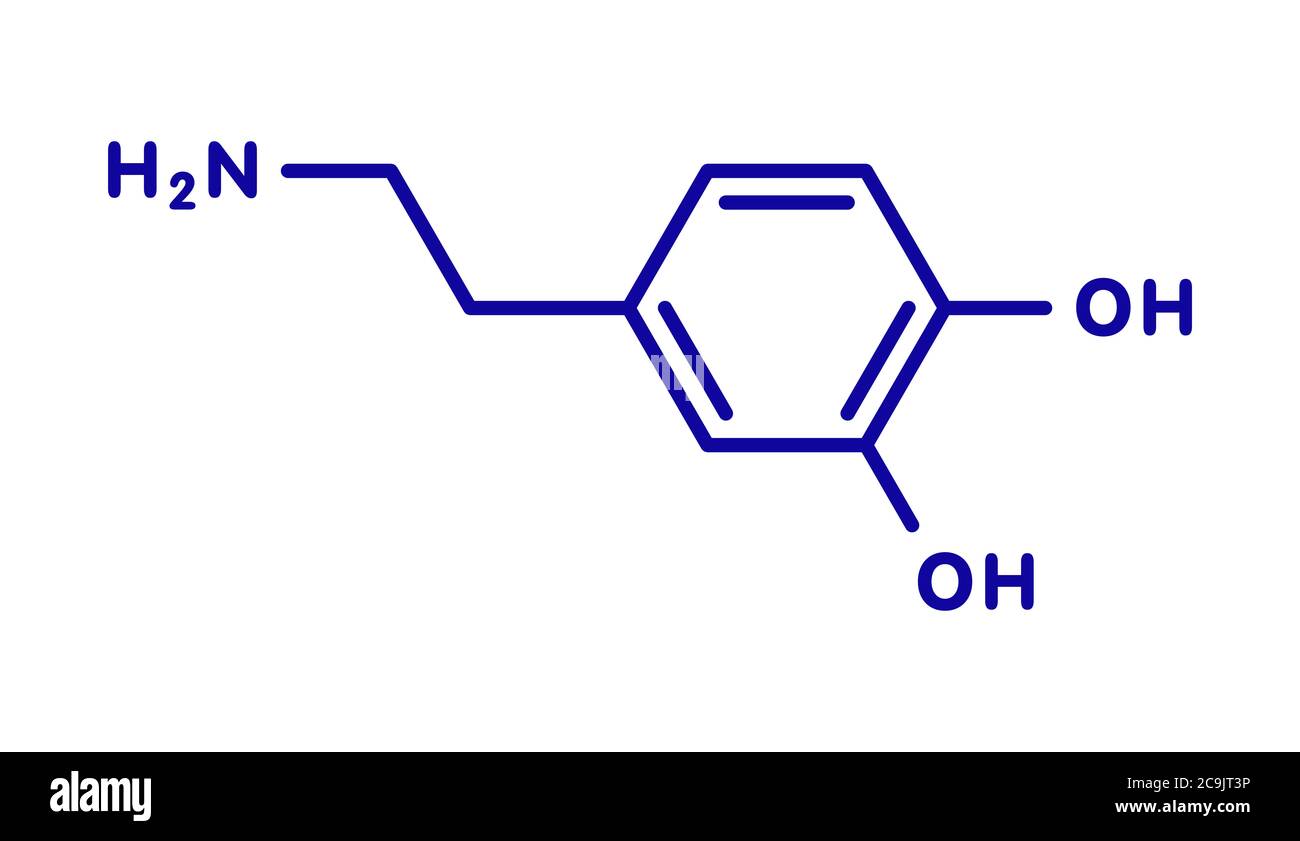 Molecola neurotrasmettitore dopamina. Usato anche come farmaco. Formula scheletrica blu su sfondo bianco. Foto Stock