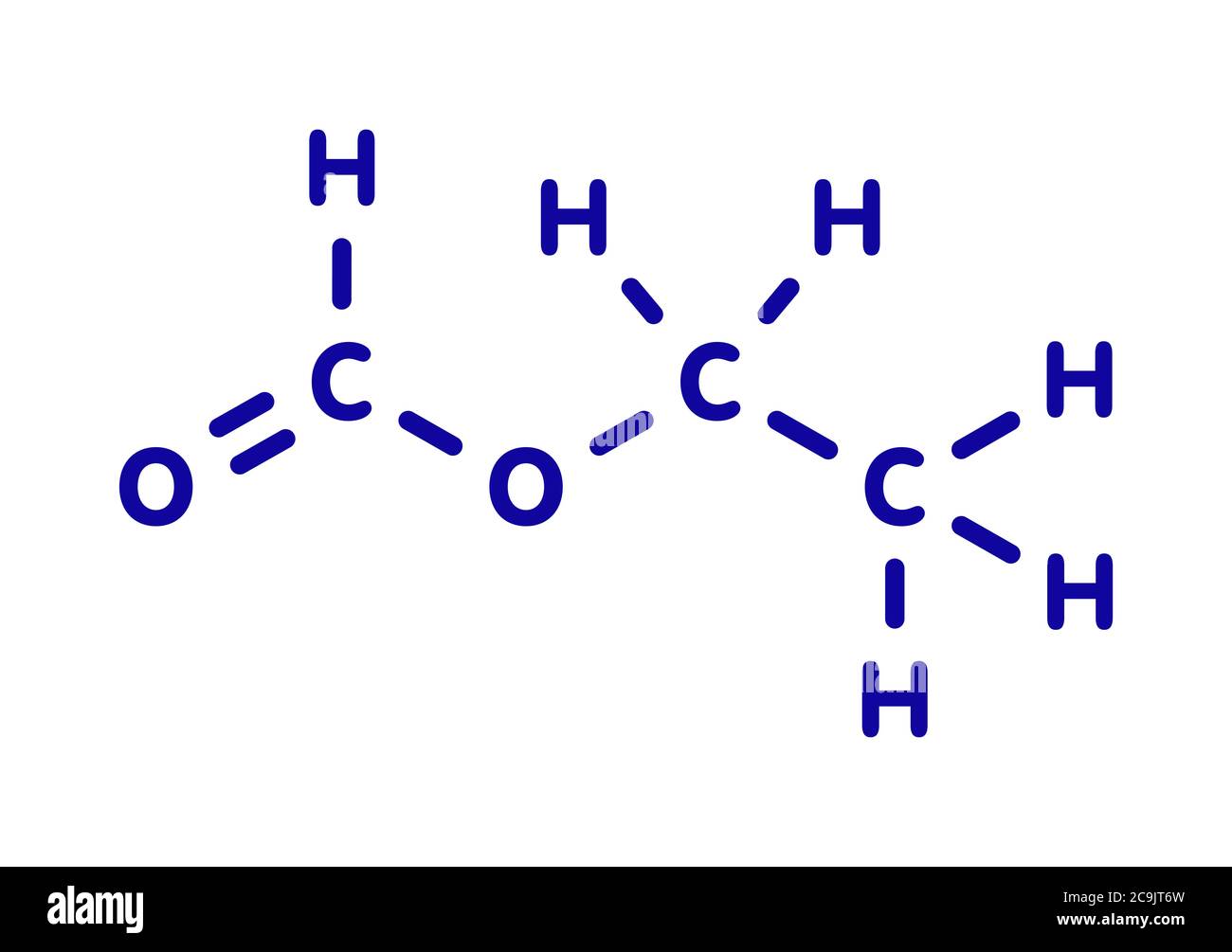 Molecola di formiato di etile (metanoato di etile). Formula scheletrica