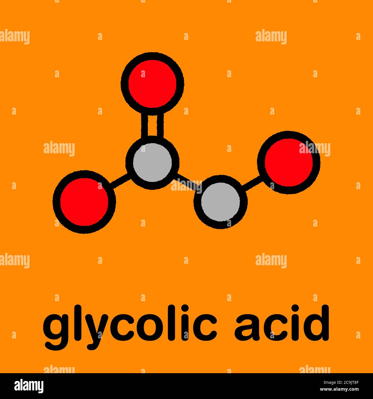Molecola di acido glicolico (acido idroacetico). Formula scheletrica stilizzata (struttura chimica): Gli atomi sono mostrati come cerchi codificati a colori con spessa colorazione nera Foto Stock