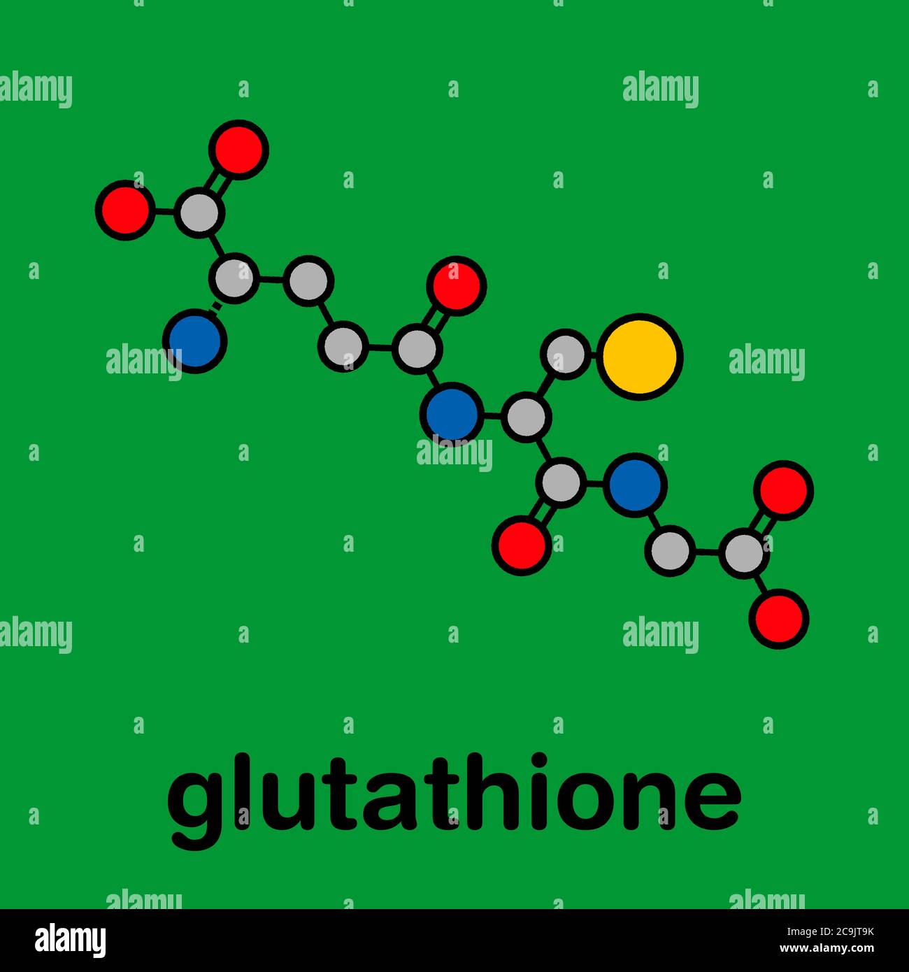 Molecola di glutatione (glutatione ossidato, GSSG). Formula scheletrica stilizzata (struttura chimica). Gli atomi sono mostrati come cerchi codificati a colori con b spessa Foto Stock