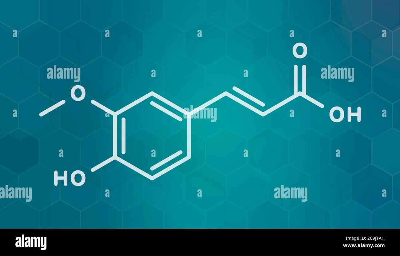 Acido ferulico erboristico molecola antiossidante. Formula scheletrica bianca su sfondo scuro del gradiente teale con pattern esagonale. Foto Stock