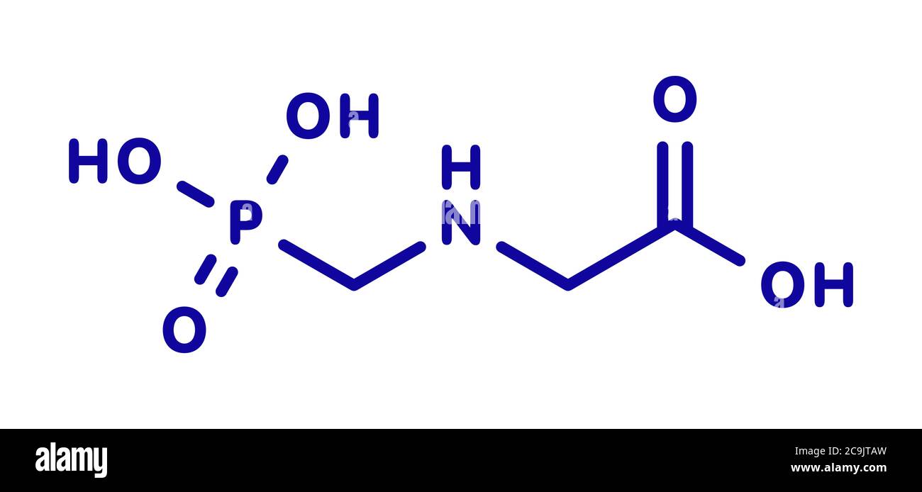Molecola di erbicida di glifosato. Colture resistenti al glifosato (organismi geneticamente modificati, OGM) sono state prodotte mediante ingegneria genetica. Blu ske Foto Stock