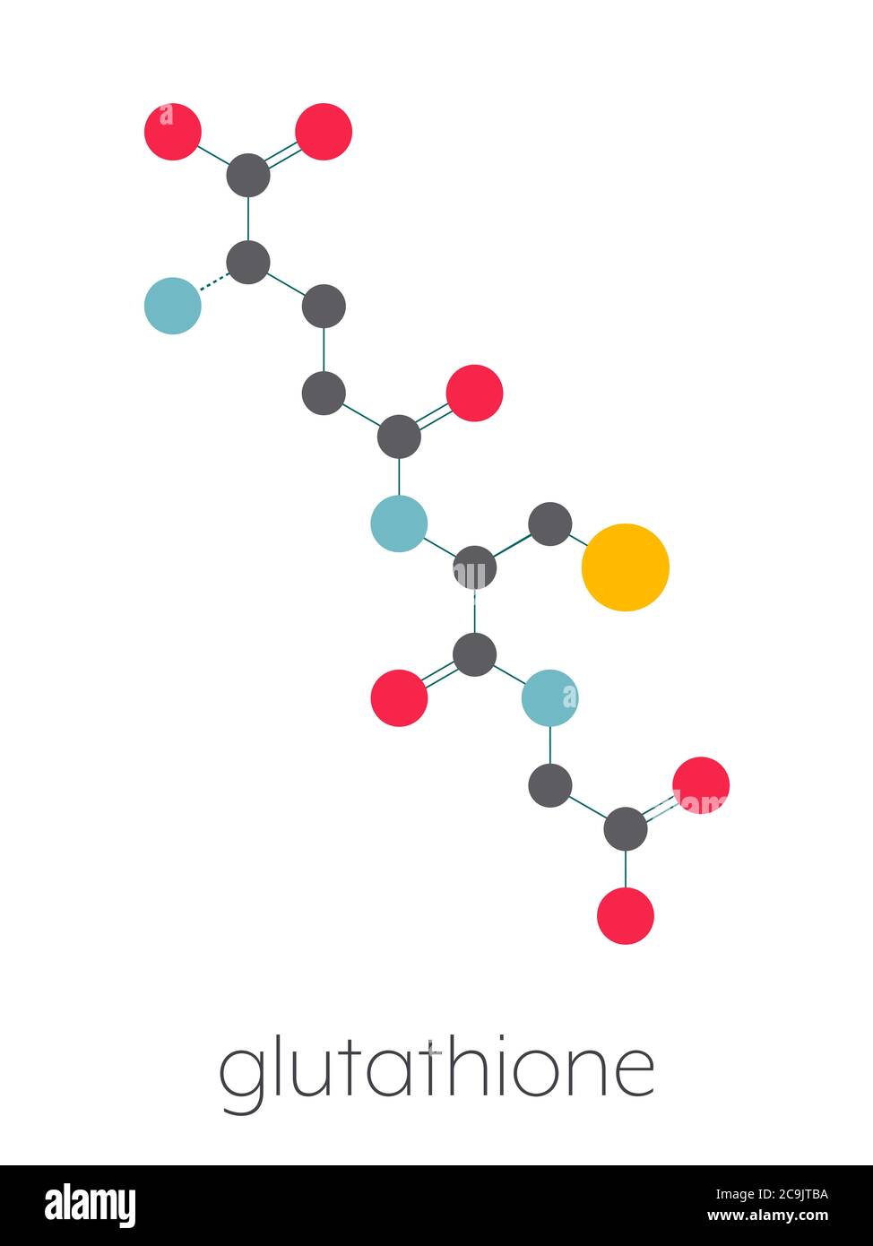 Molecola di glutatione (glutatione ossidato, GSSG). Formula scheletrica stilizzata (struttura chimica). Gli atomi sono mostrati come cerchi codificati a colori collegati da Foto Stock