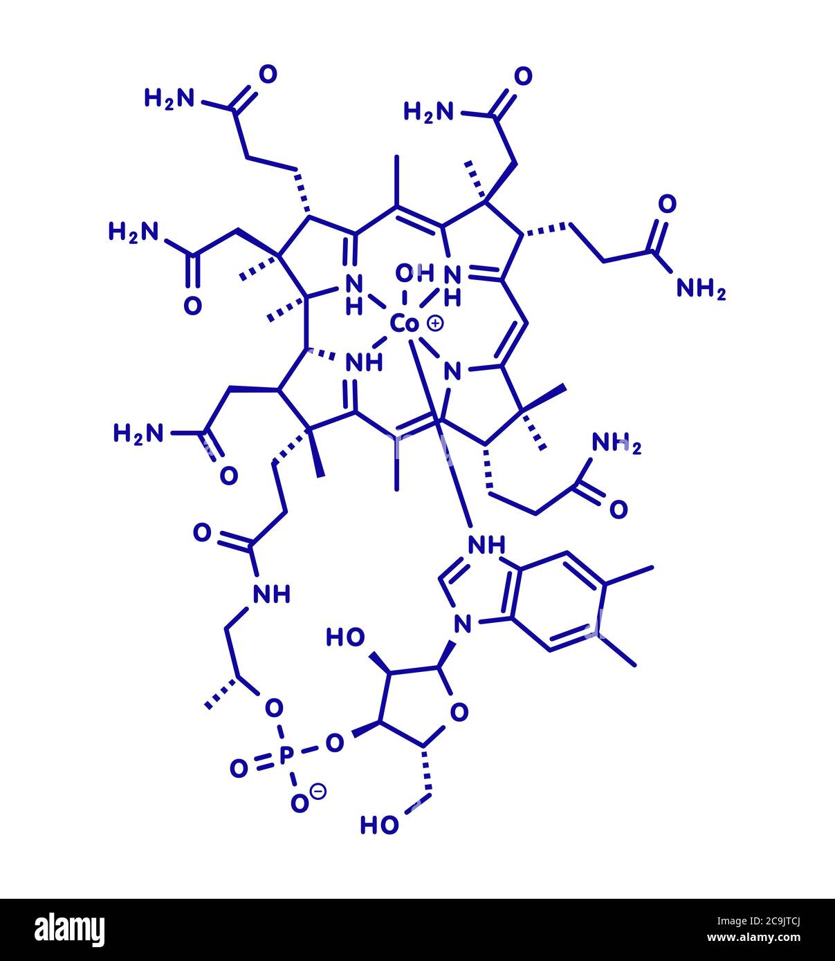 Molecola di idrossicobalamina vitamina B12. Spesso somministrato terapeuticamente in caso di deficit di B12. Formula scheletrica blu su sfondo bianco. Foto Stock