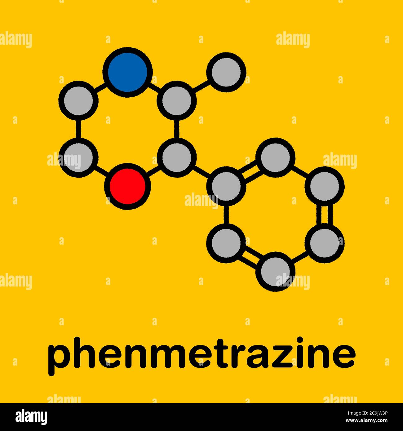 Molecola di farmaco stimolante la fenmetrazina (classe anfetamina). Usato come stimolante e soppressore dell'appetito. Formula scheletrica stilizzata (struttura chimica). Foto Stock
