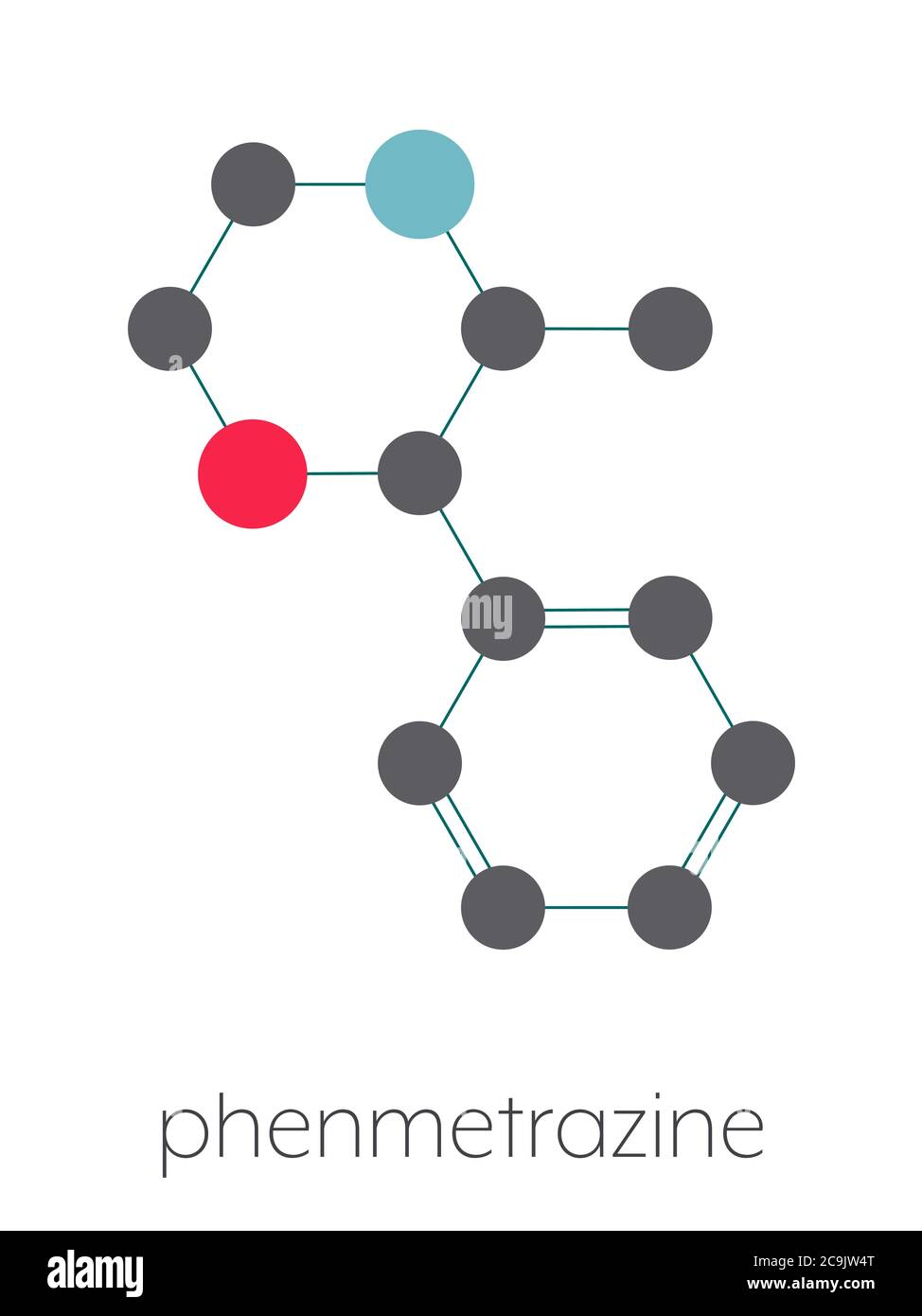Molecola di farmaco stimolante la fenmetrazina (classe anfetamina). Usato come stimolante e soppressore dell'appetito. Formula scheletrica stilizzata (struttura chimica). Foto Stock